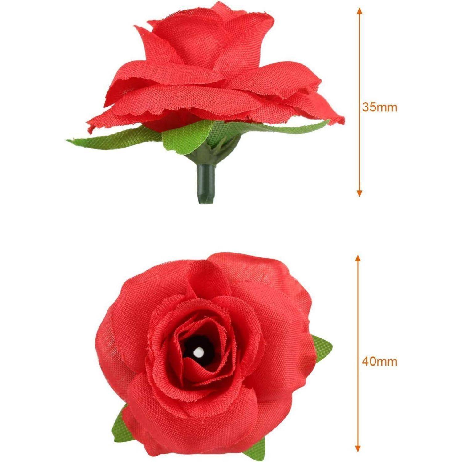 Draufsicht und Seitenansicht einer roten künstlichen Rose mit Abmessungen: Höhe in der Seitenansicht 35 mm, Durchmesser in der Draufsicht 40 mm.