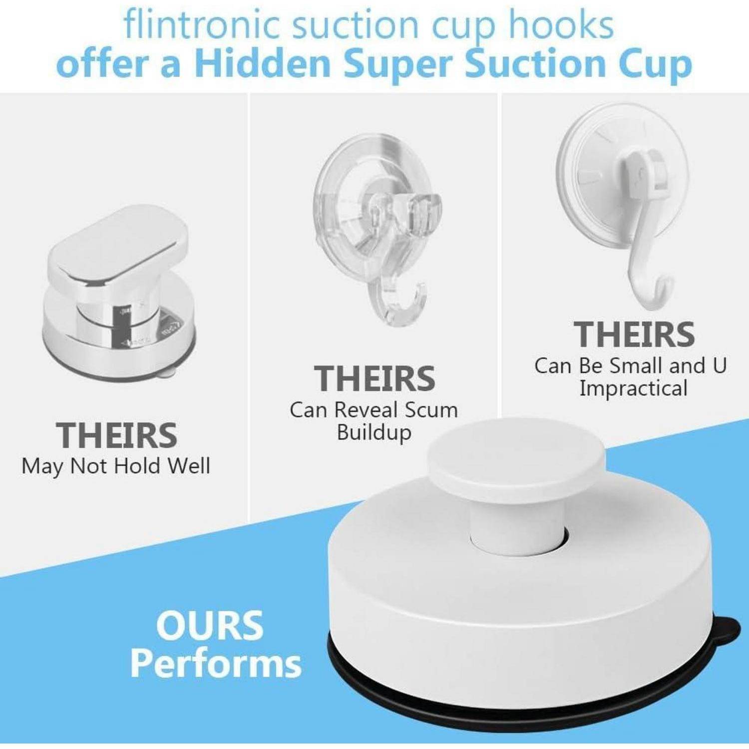 Flintronic Saugnapfhaken bieten einen versteckten Super-Saugnapf.' Visueller Vergleich zeigt deren vs. unsere. Unsere leisten mehr.