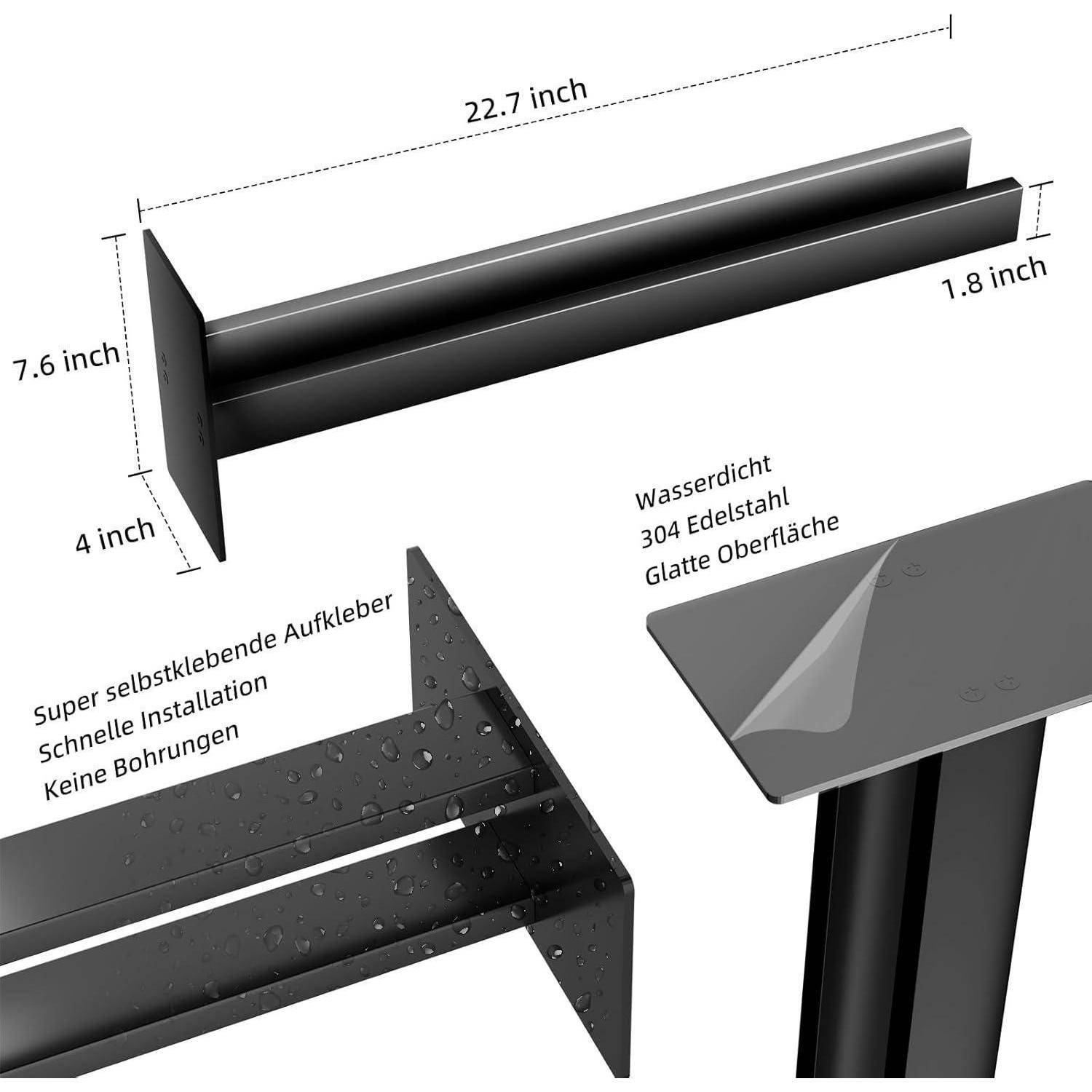 Diagramm eines Duschregals aus Edelstahl mit Klebebeschichtung. Abmessungen: 57,7 cm breit, 19,3 cm hoch, 10,2 cm tief. Beschreibender Text betont die einfache Installation und die wasserundurchlässige Oberfläche.