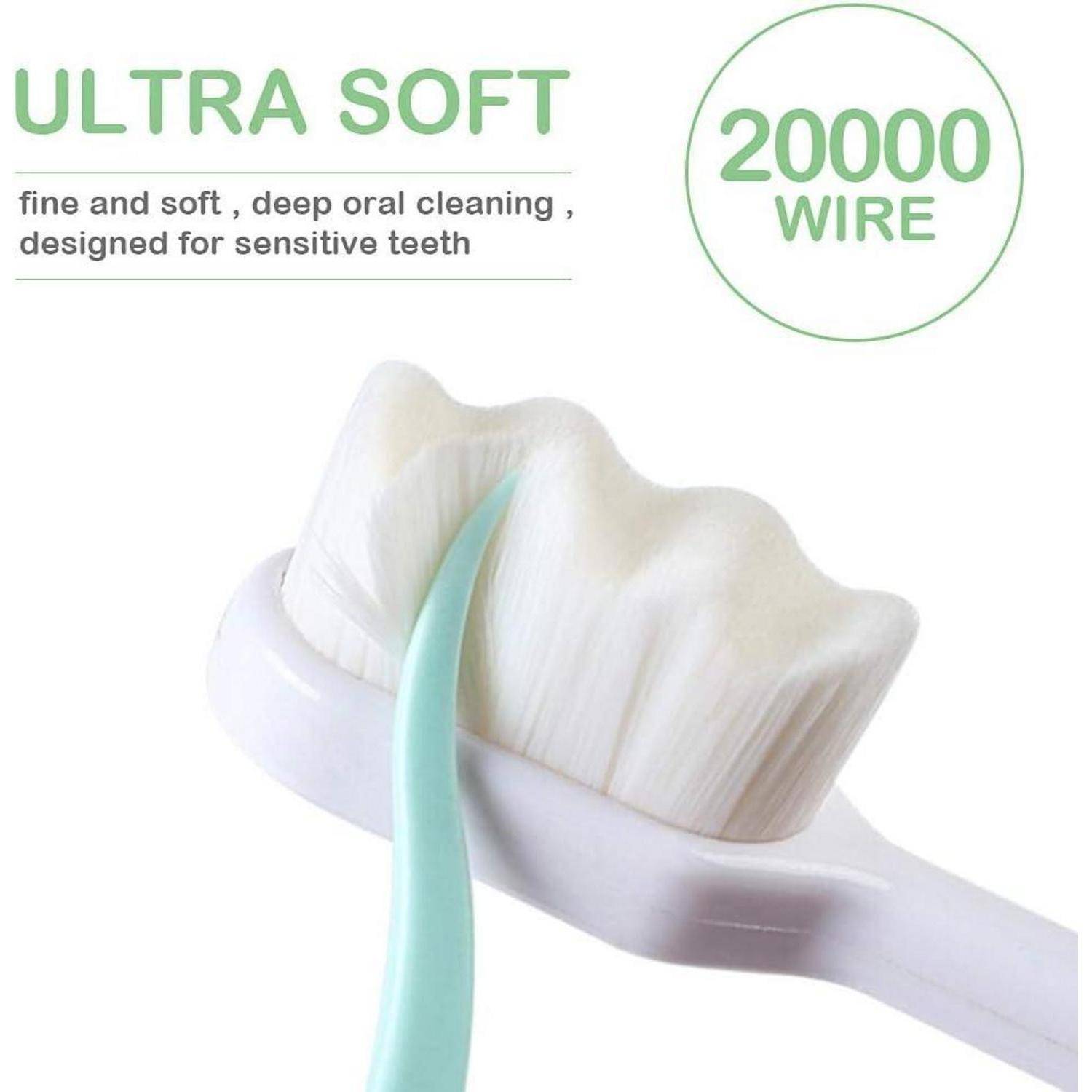 Ein ultraweicher Zahnbürste mit 20.000 feinen Borsten dargestellt. Text: 'Ultra Soft', 'Fein und weich, tiefenreinigend für den Mund, entwickelt für empfindliche Zähne.