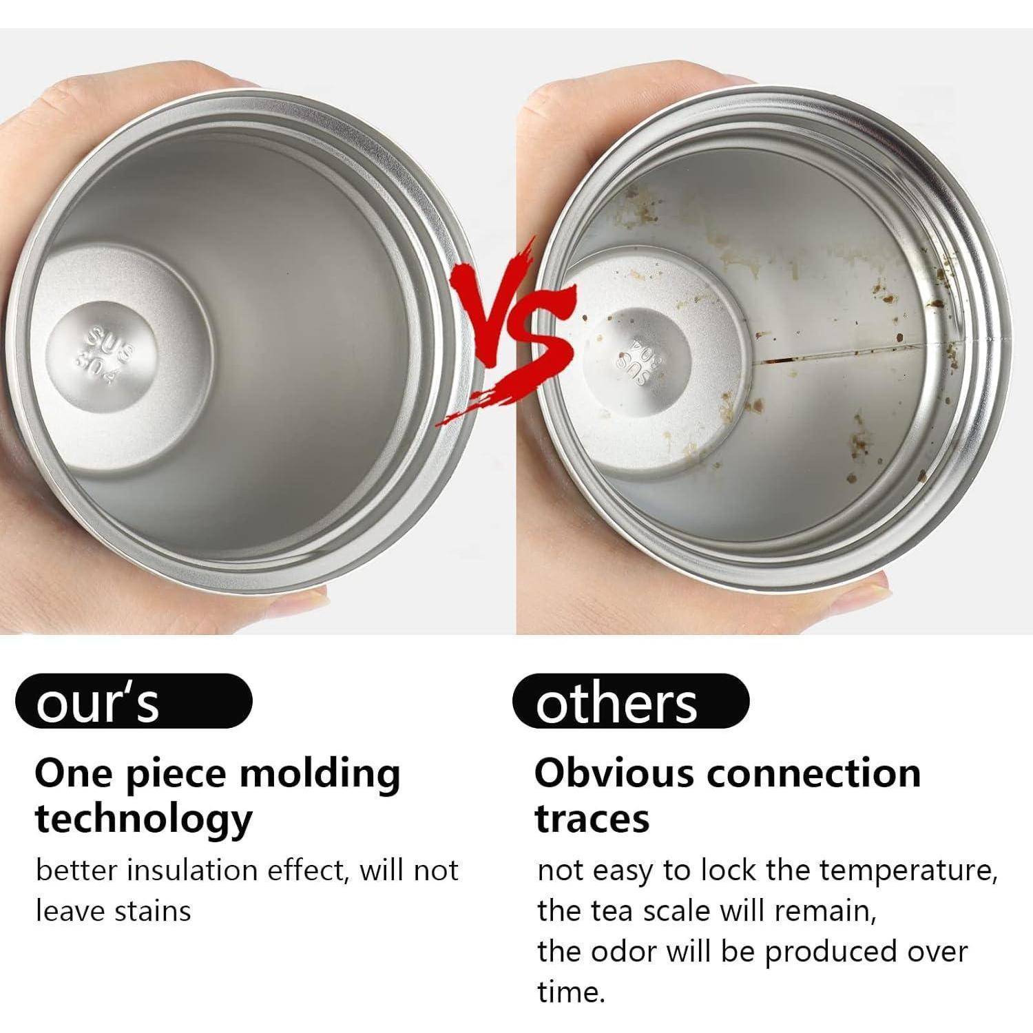 Vergleich zweier Thermosbehälter-Deckel. Links: 'unserer' zeigt nahtlose Isolierung ohne Flecken. Rechts: 'der anderen' hat sichtbare Nähte und Flecken.
