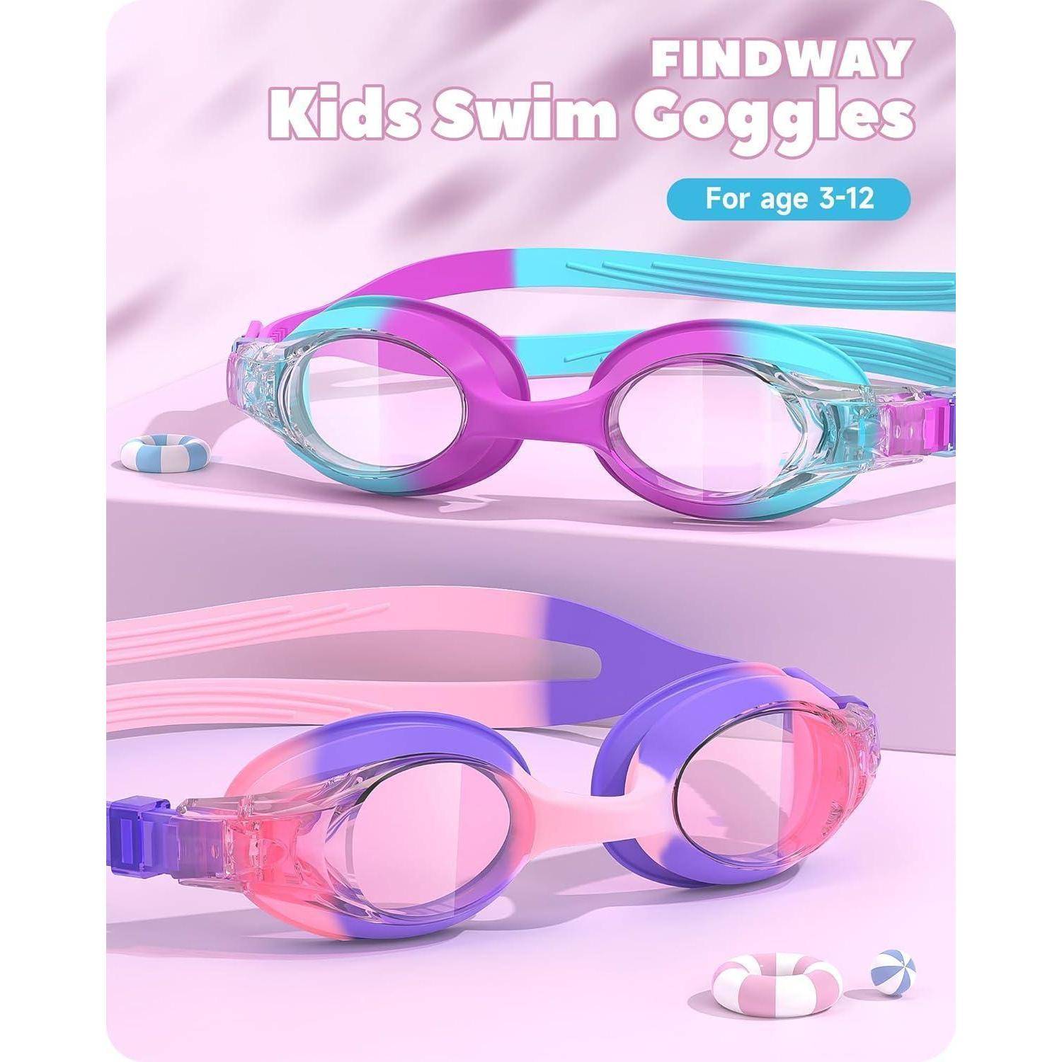 Findway Kinder-Schwimmbrillen für 3-12 Jahre, mit zwei Schwimmbrillenpaar in Rosa/Blau und Lila-Tönen, versehen mit Schwimm-Motivdekorationen.