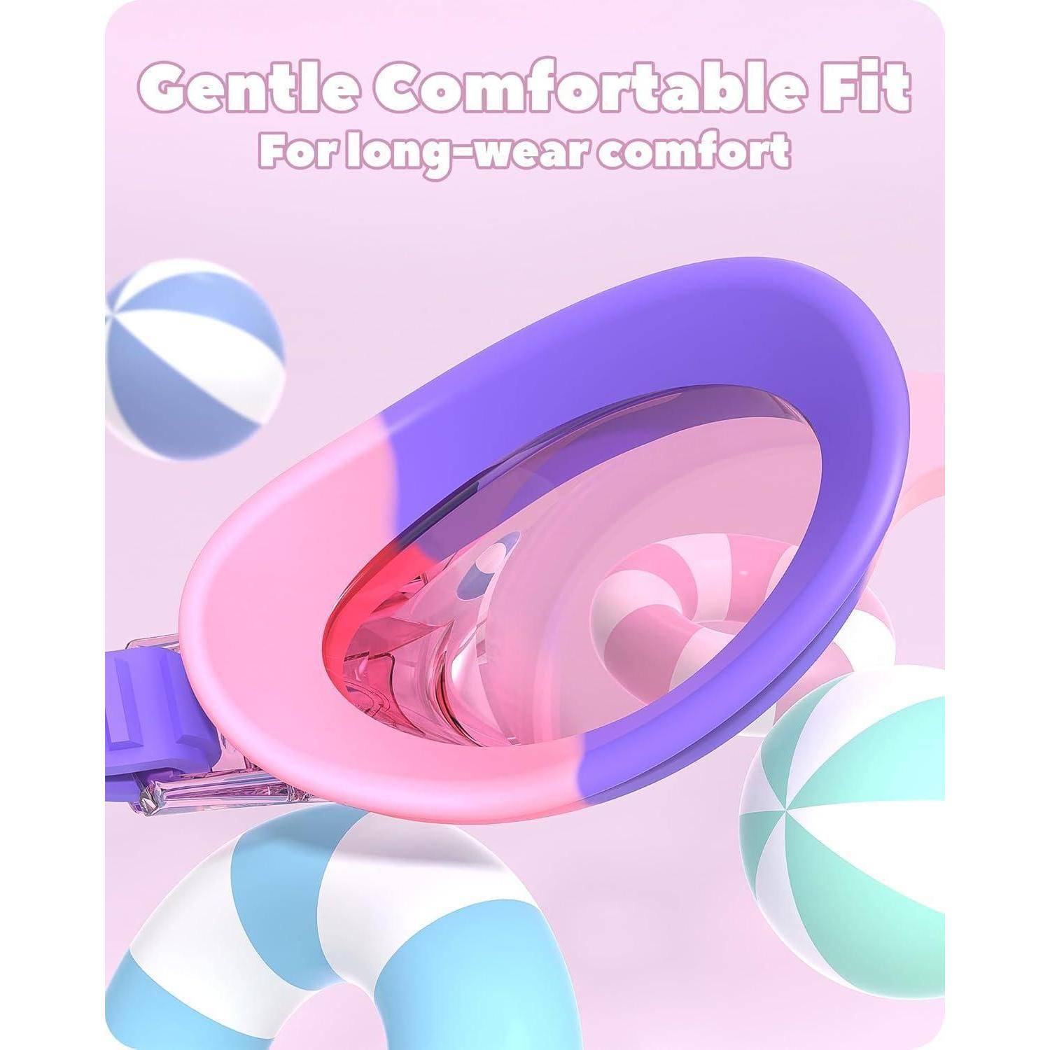 Schutzbrille mit dem Design 'Sanfter und komfortabler Sitz' in Rosa- und Violetttönen, umgeben von pastellfarbenen Streifen, entwickelt für anhaltenden Tragekomfort.