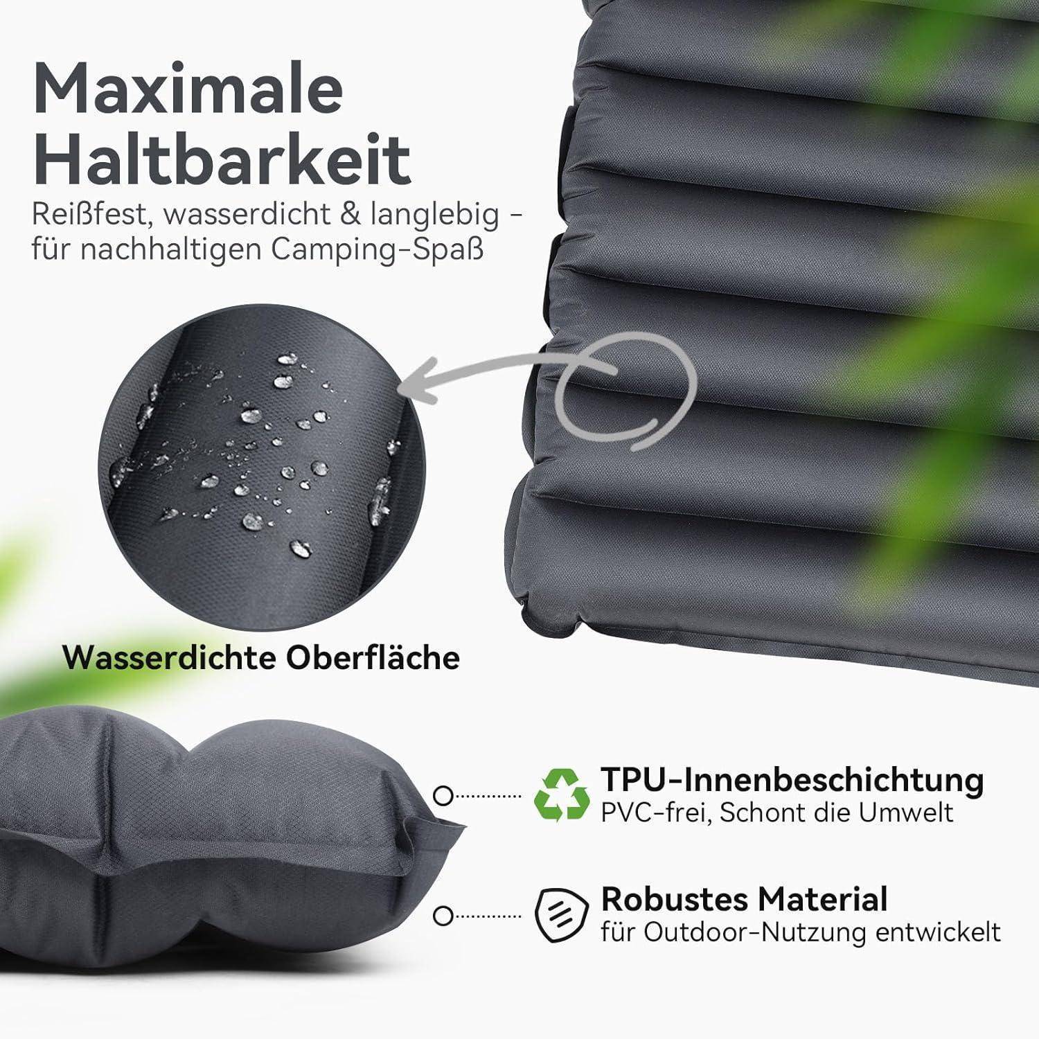Campingmatratze mit wasserdichter Oberfläche und robustem Material, ausgestattet mit TPU-Beschichtung für Langlebigkeit. Der Text betont ihr nachhaltiges Design.