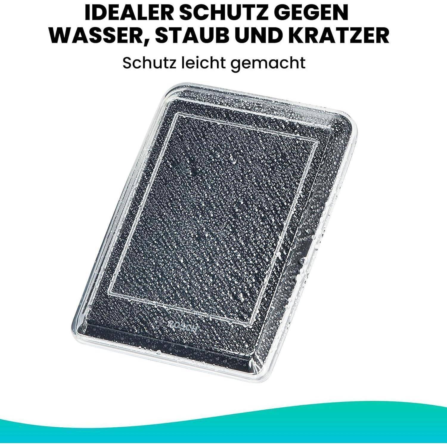 Eine transparente wasserdichte Abdeckung auf blauem Hintergrund, mit dem Text 