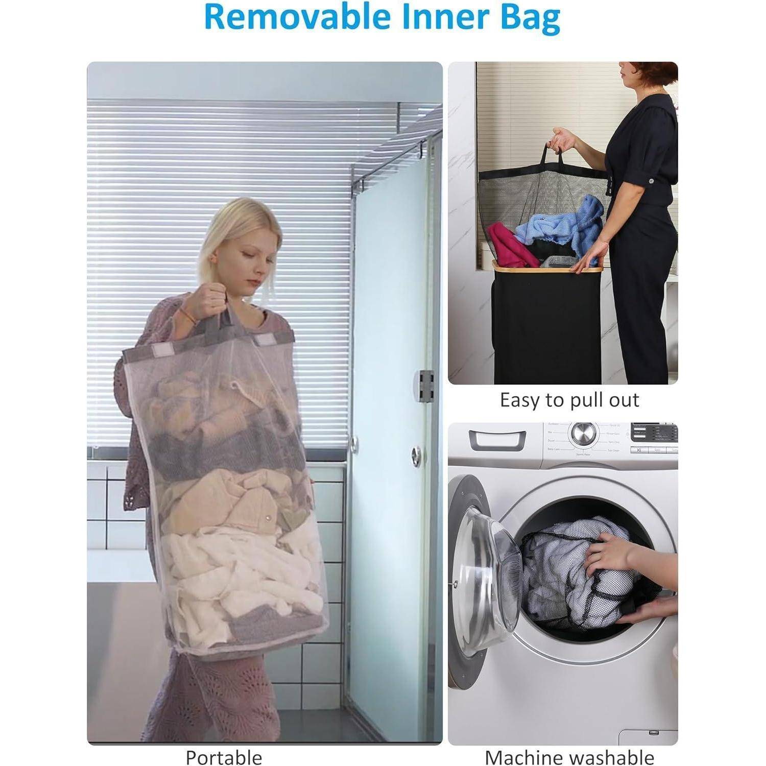 Eine Frau trägt eine Wäsche-Netztasche, gefüllt mit Kleidungsstücken. In der Nähe platziert eine Person Kleidung in einer Waschmaschine. Der Text hebt hervor, dass die Tasche tragbar, leicht herausziehbar und maschinenwäschetauglich ist.