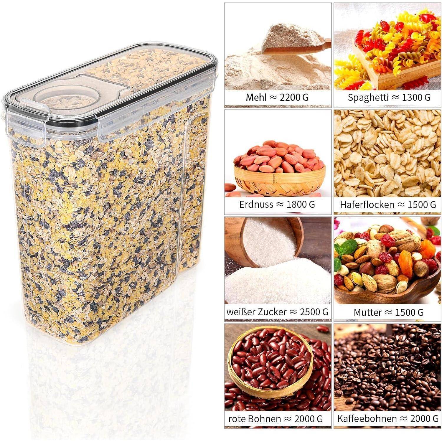 Ein Behälter gefüllt mit Müsli steht links. Rechts befinden sich Bilder und ungefähre Gewichte verschiedener Lebensmittel wie Mehl, Spaghetti, Erdnüsse, Haferflocken, Zucker, Mandeln, rote Bohnen und Kaffeebohnen.
