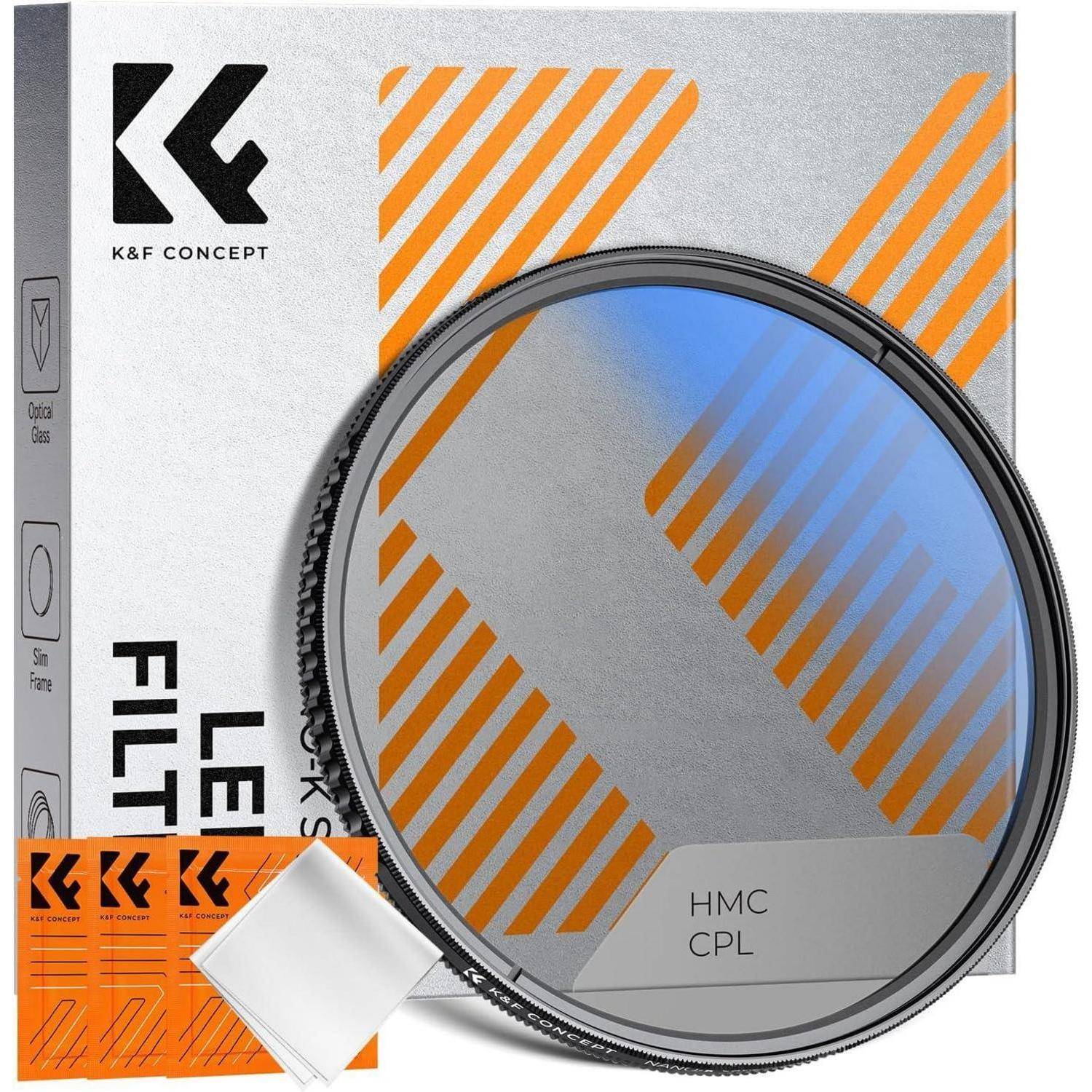 K&F Concept Objektivfilter mit HMC CPL zur Verbesserung der Bildklarheit und Reduzierung von Blendeffekten, in Verpackung mit orangefarbener Grafikgestaltung.