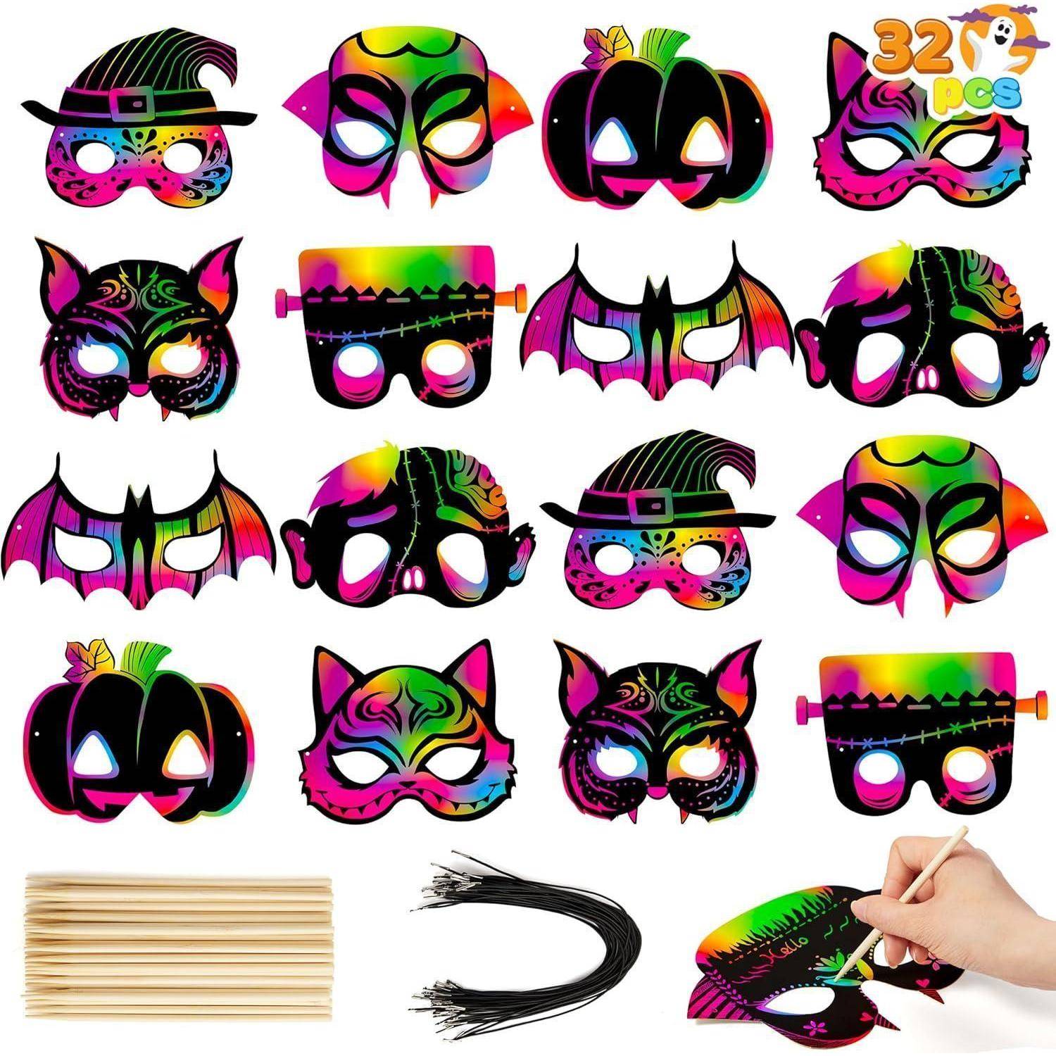 32-teiliges Halloween-Kratzmasken-Set mit 8 Designs für Kunst und