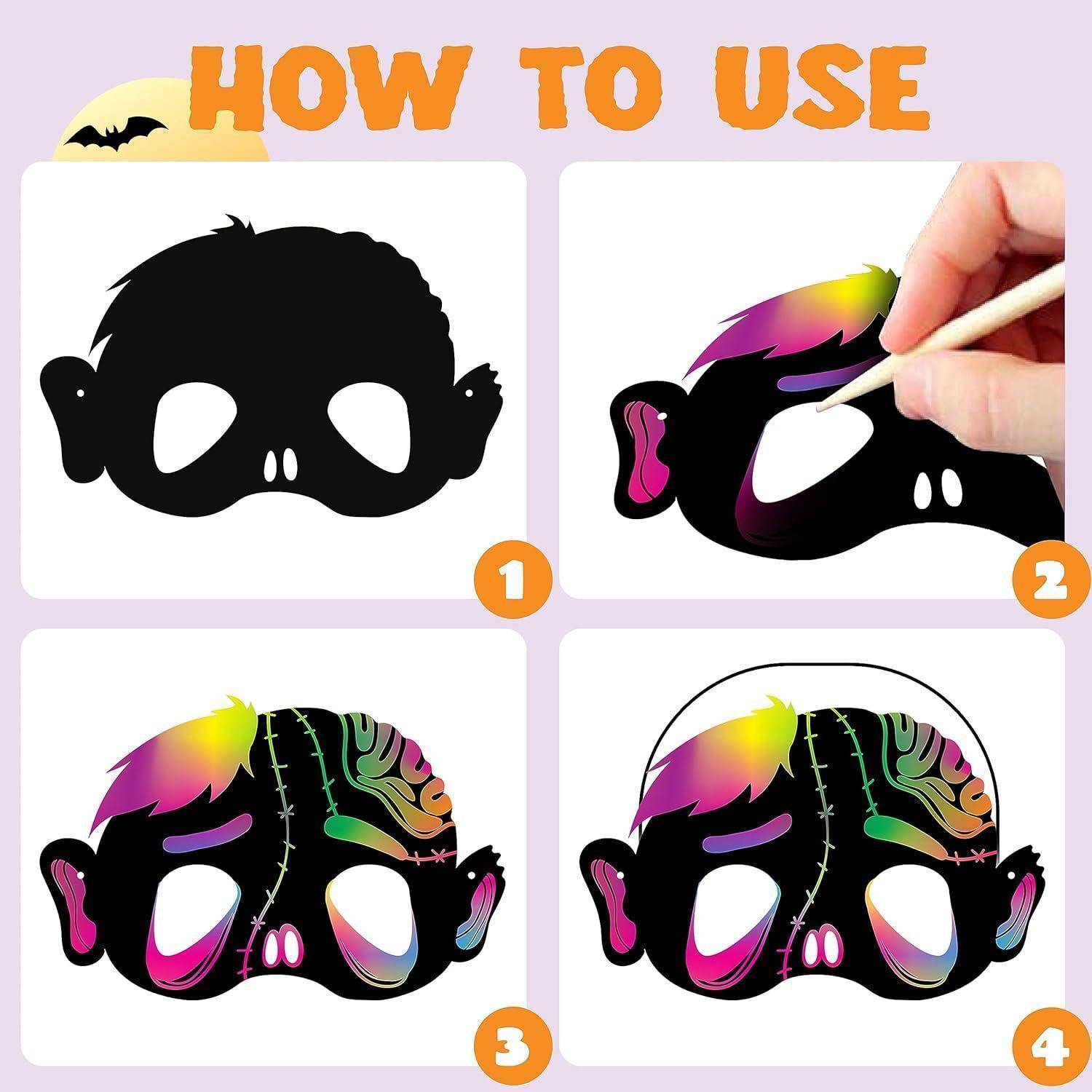 32-teiliges Halloween-Kratzmasken-Set mit 8 Designs für Kunst und