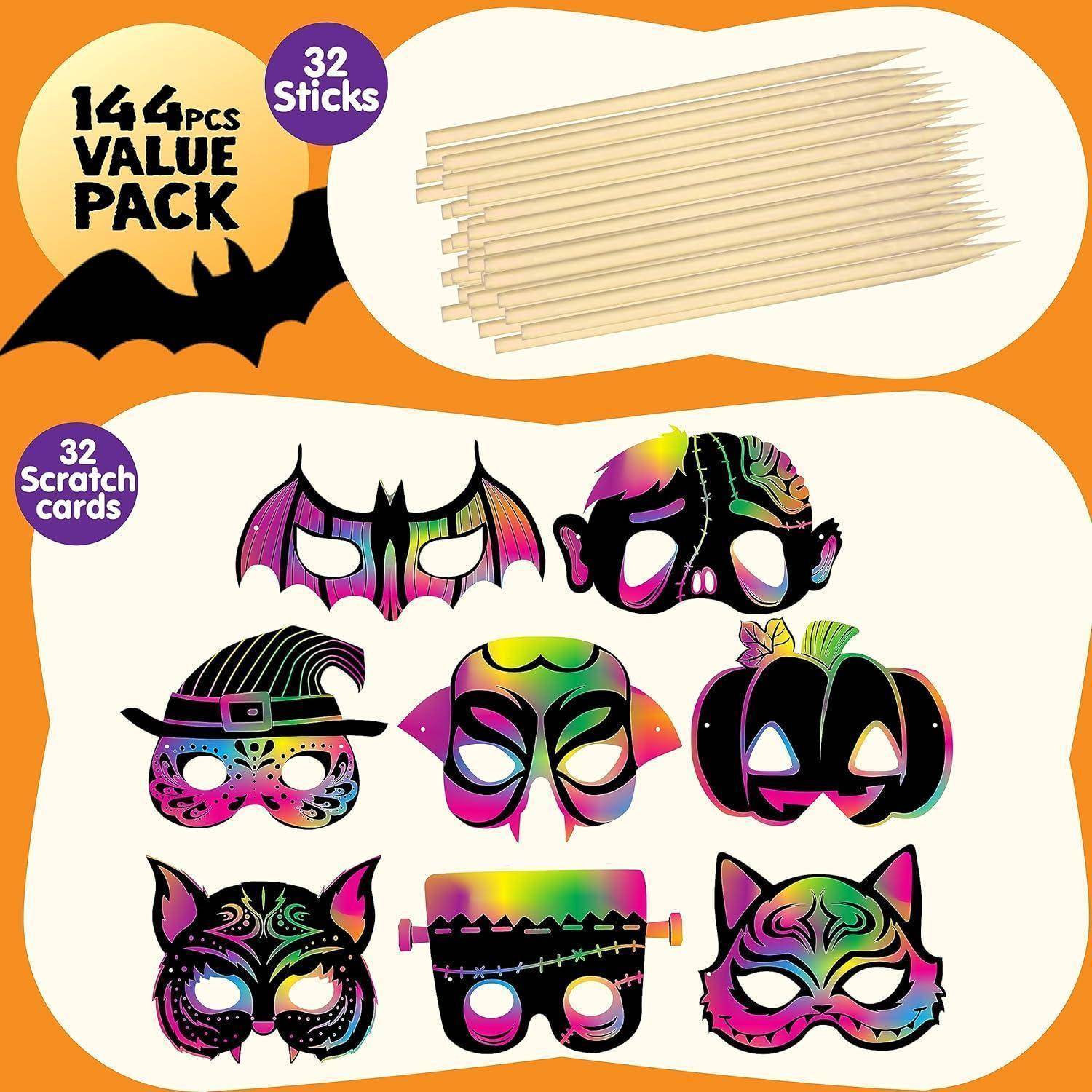 32-teiliges Halloween-Kratzmasken-Set mit 8 Designs für Kunst und