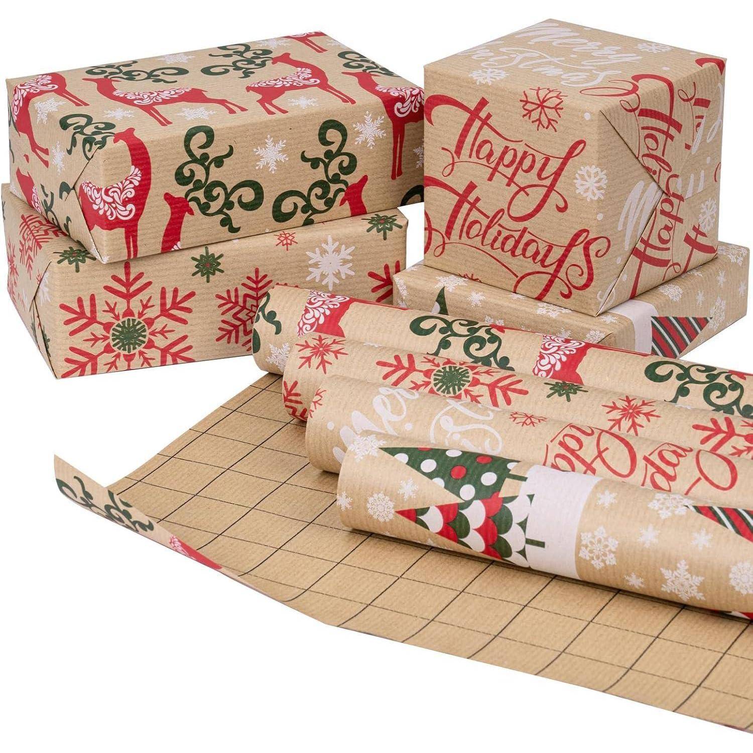 4 Rollen Weihnachts-Geschenkpapier Kraftpapier Schneeflocke Rentier