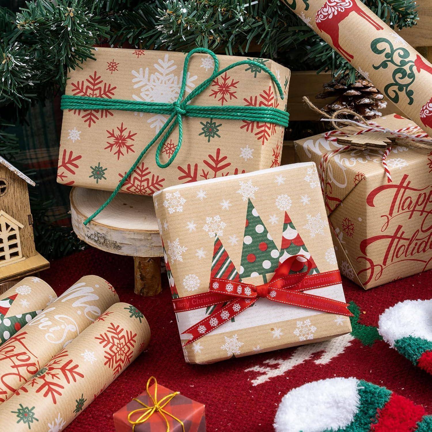 4 Rollen Weihnachts-Geschenkpapier Kraftpapier Schneeflocke Rentier