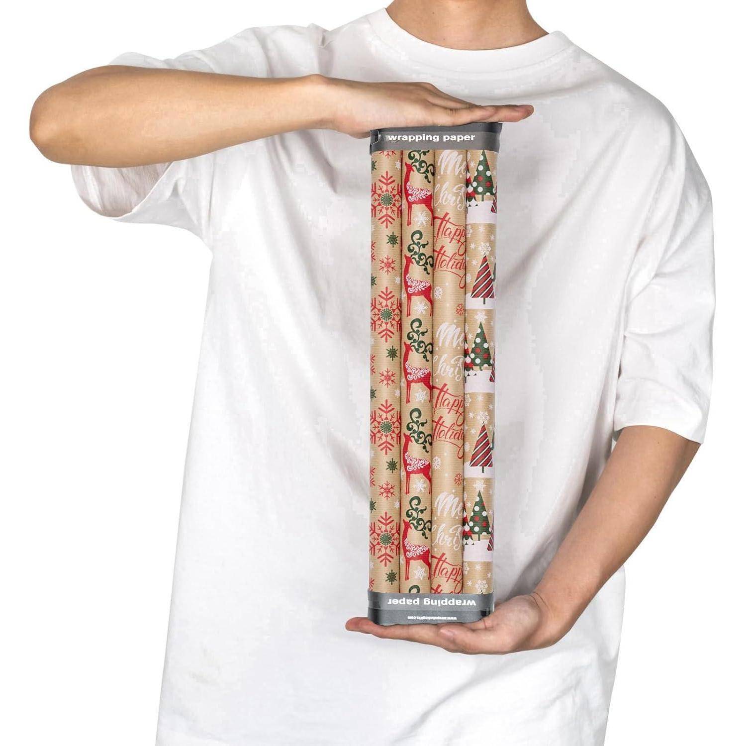 4 Rollen Weihnachts-Geschenkpapier Kraftpapier Schneeflocke Rentier