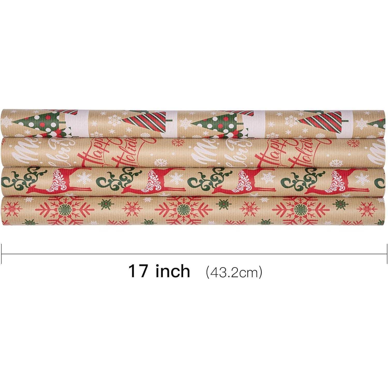 4 Rollen Weihnachts-Geschenkpapier Kraftpapier Schneeflocke Rentier
