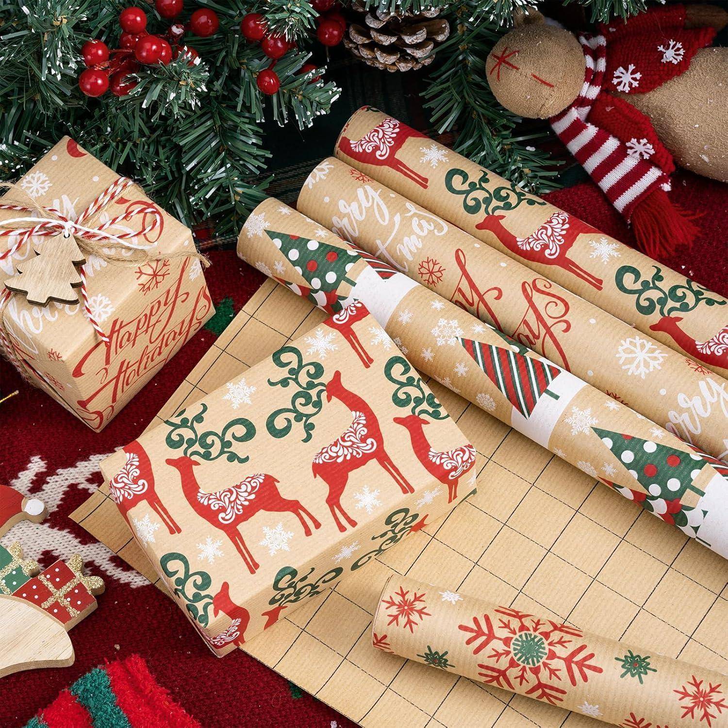 4 Rollen Weihnachts-Geschenkpapier Kraftpapier Schneeflocke Rentier