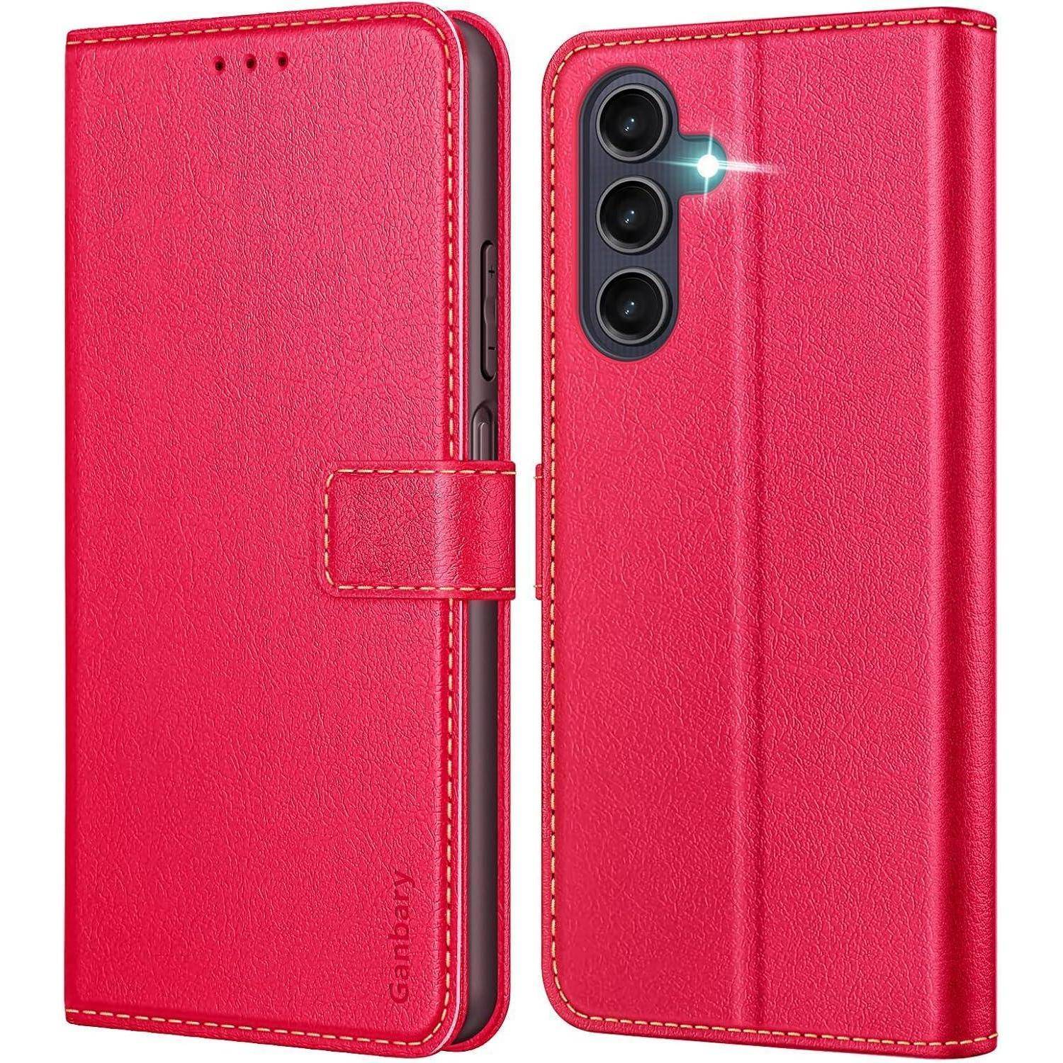 Rote Smartphone-Hülle im Wallet-Design mit Kartenfächern und magnetischem Verschluss. Die Hülle verfügt zudem über Aussparungen für Kamera und Blitzlicht.