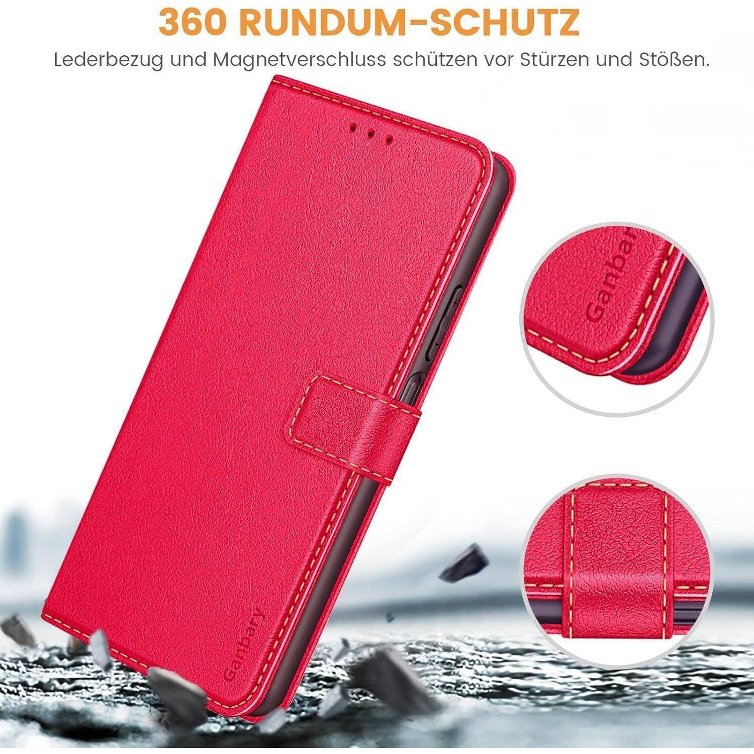 Rote Flip-Hülle für ein Smartphone mit magnetischem Verschluss, die einen 360-Grad-Schutz vor Stürzen und Stößen bietet. Der Text auf Deutsch betont ihre Eigenschaften.