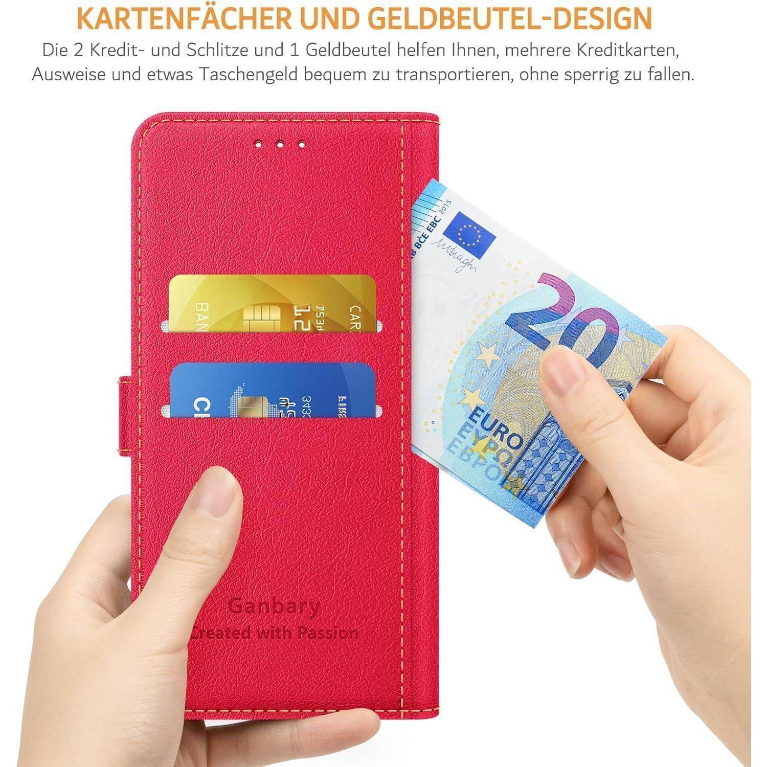 Rote Handyhülle mit zwei Kartenfächern und integriertem Geldbeutel. Eine Hand steckt einen 20-Euro-Schein in die Hülle.