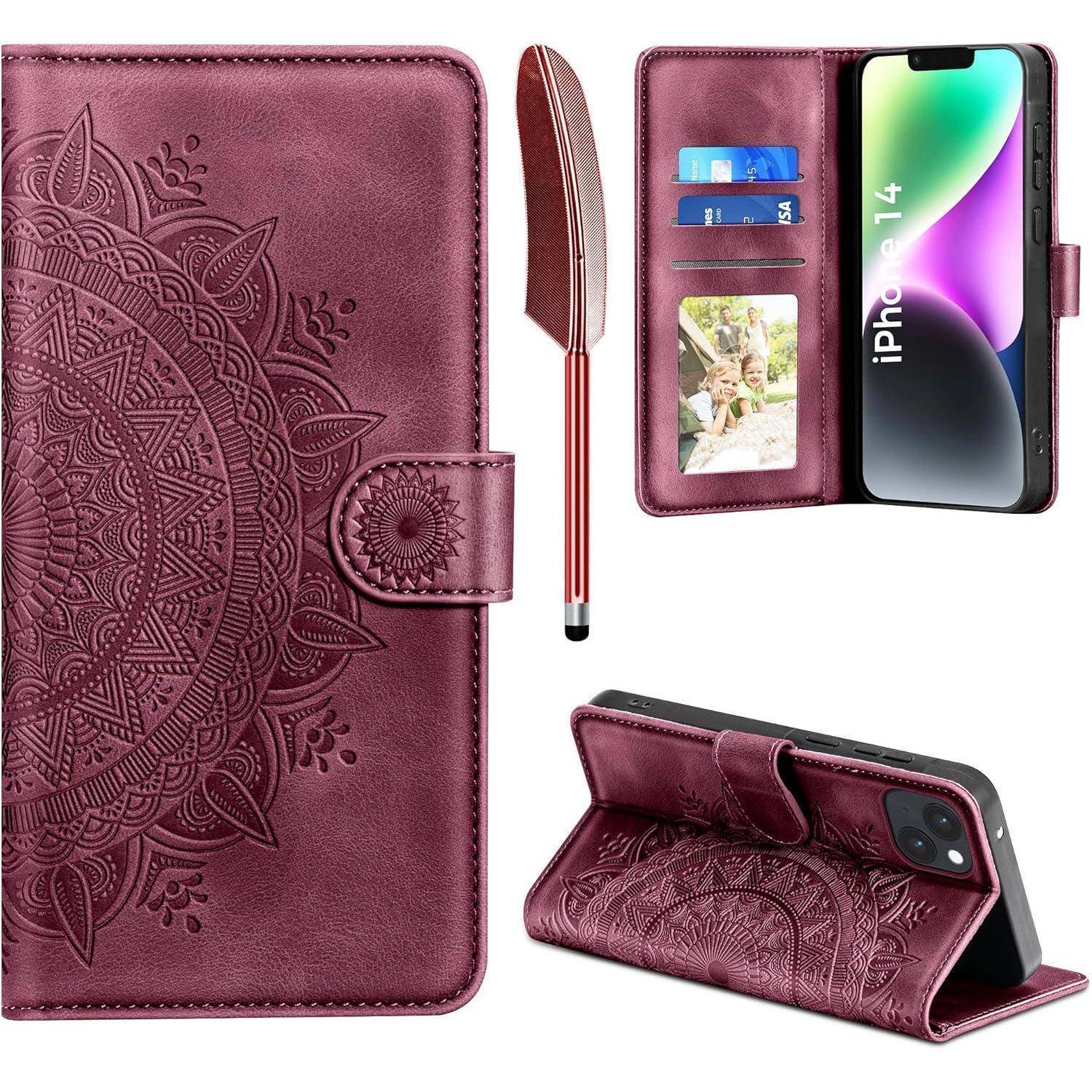 Lederhülle für iPhone 14 Flip Wallet PU Case Weinrot