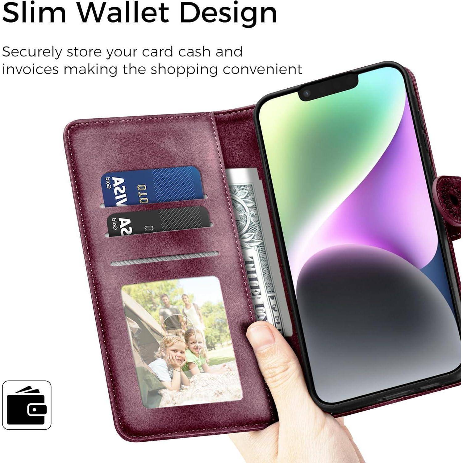 Lederhülle für iPhone 14 Flip Wallet PU Case Weinrot