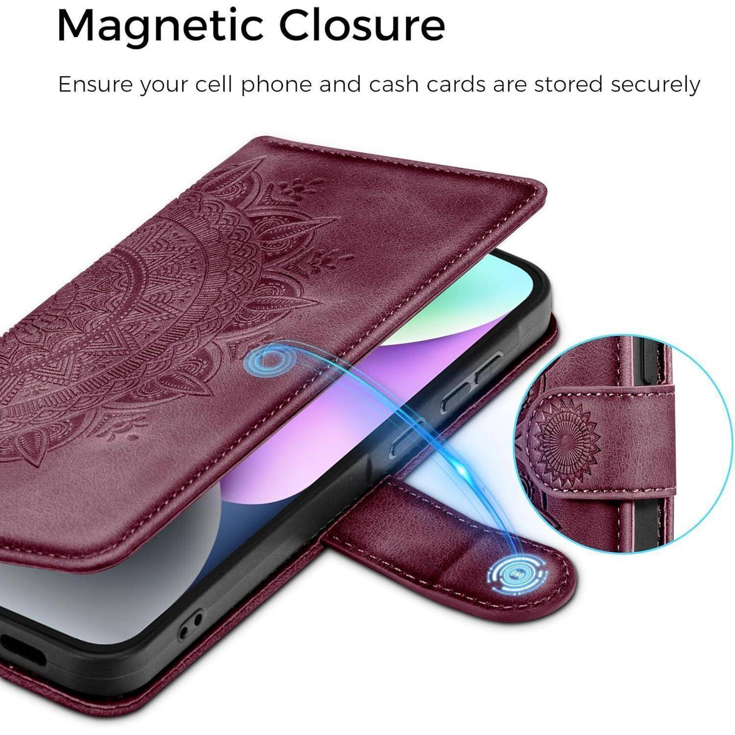 Lederhülle für iPhone 14 Flip Wallet PU Case Weinrot