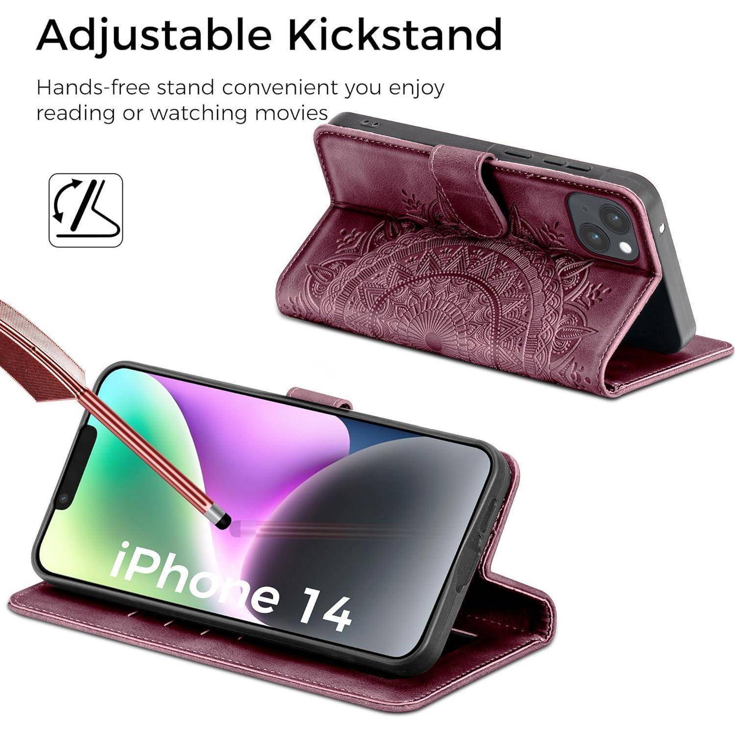 Lederhülle für iPhone 14 Flip Wallet PU Case Weinrot