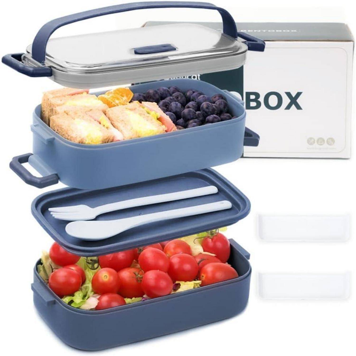 Lunchbox 2 in 1 Bento Box 1600ML mit Fächern Luftdicht Besteck