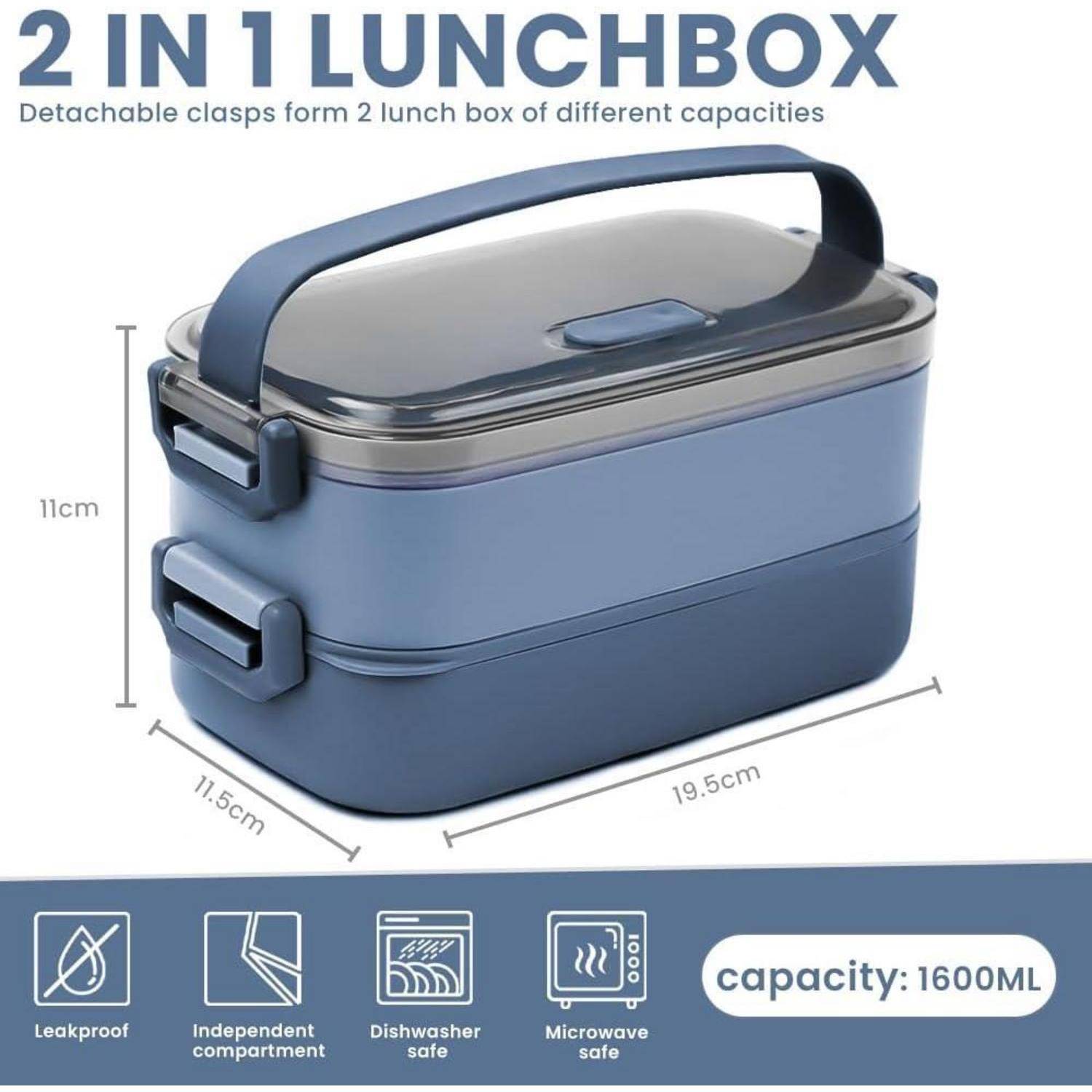 Lunchbox 2 in 1 Bento Box 1600ML mit Fächern Luftdicht Besteck