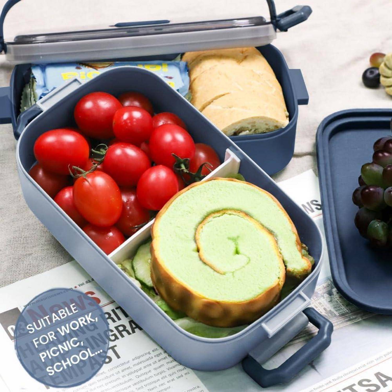 Lunchbox 2 in 1 Bento Box 1600ML mit Fächern Luftdicht Besteck