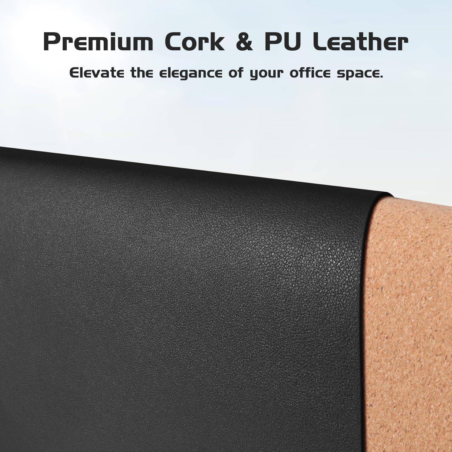 Eine Rolle aus schwarzem PU-Leder und Korkunterlage mit dem Text: 'Premium Kork & PU-Leder' und 'Veredeln Sie den Eleganz Ihres Büroraums.