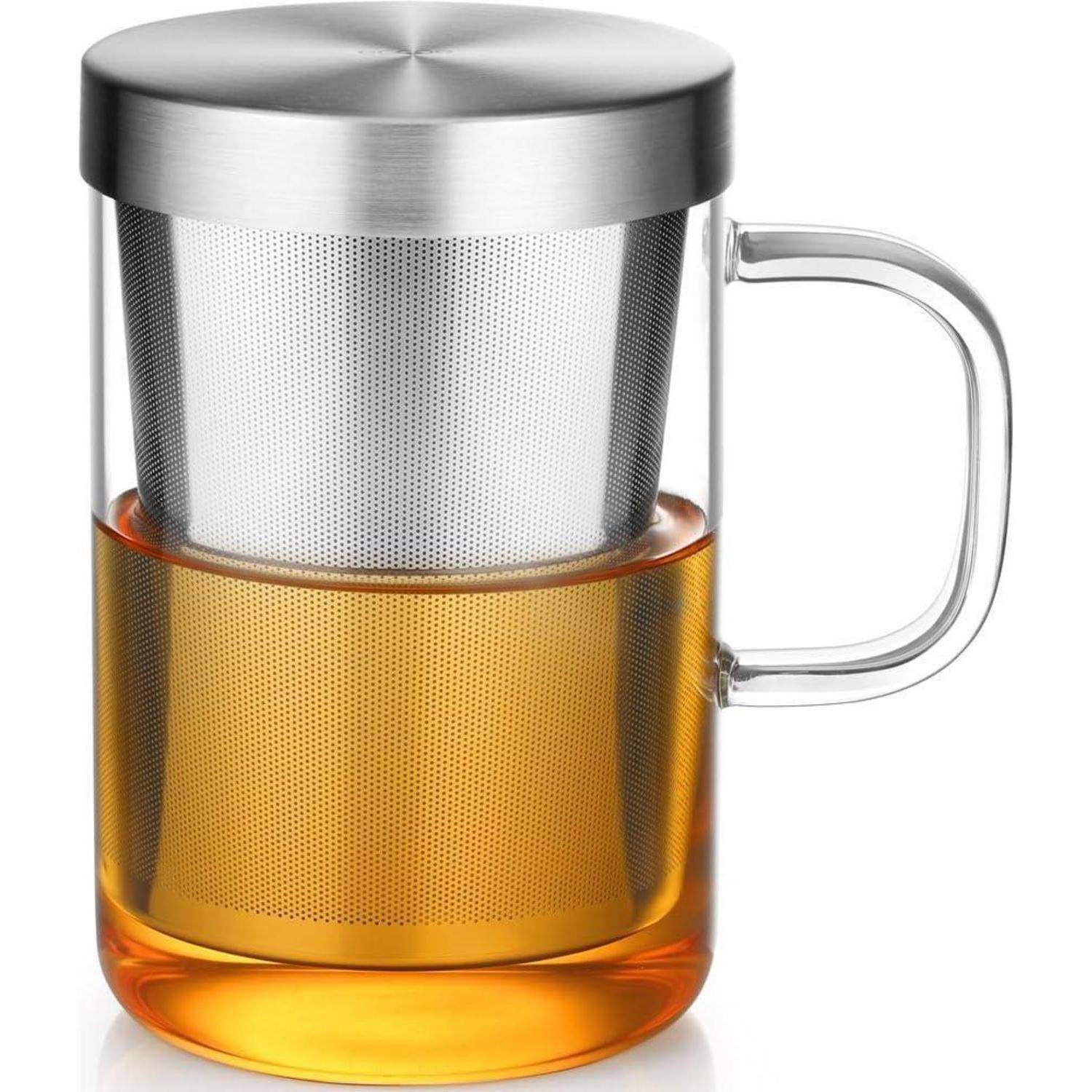Glas Teetasse mit Edelstahl-Sieb und Deckel 500ml Borosilikatklär