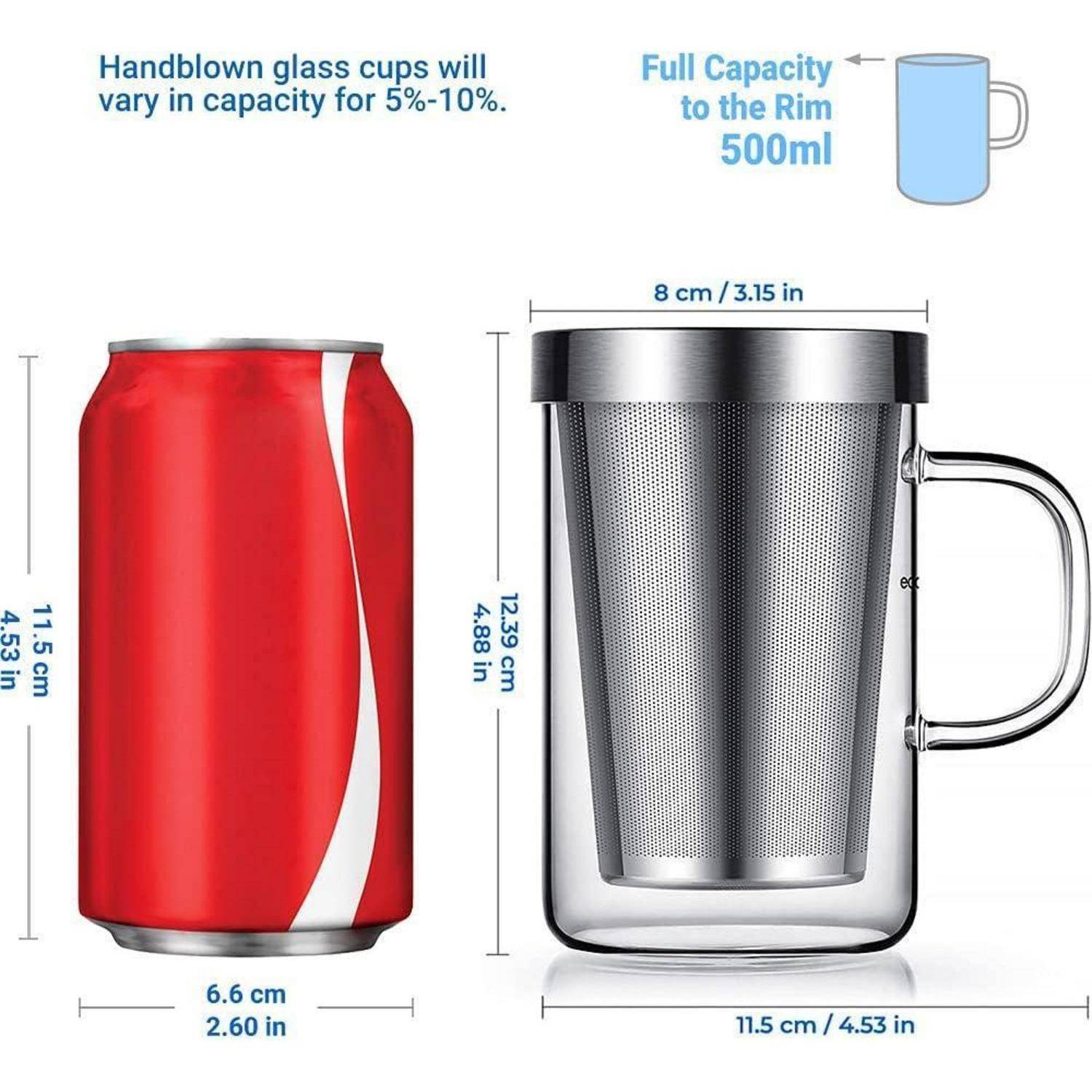 Glas Teetasse mit Edelstahl-Sieb und Deckel 500ml Borosilikatklär