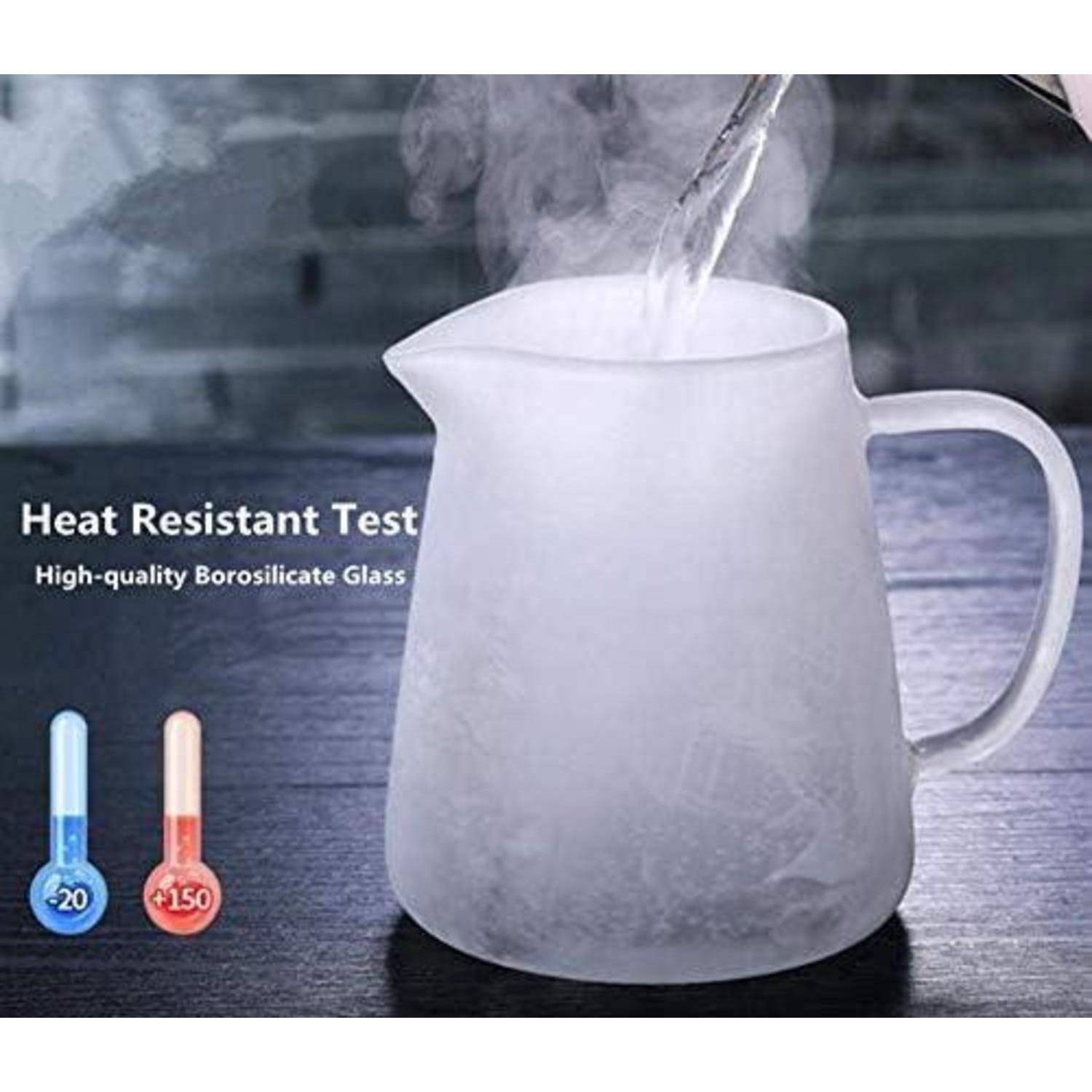 Ein Härtetest für Hitzebeständigkeit wird mit einem matten Glaskrug gezeigt, wobei eine warme Flüssigkeit eingegossen wird, mit der Beschriftung ‚Hochwertige Borosilikatglas'.