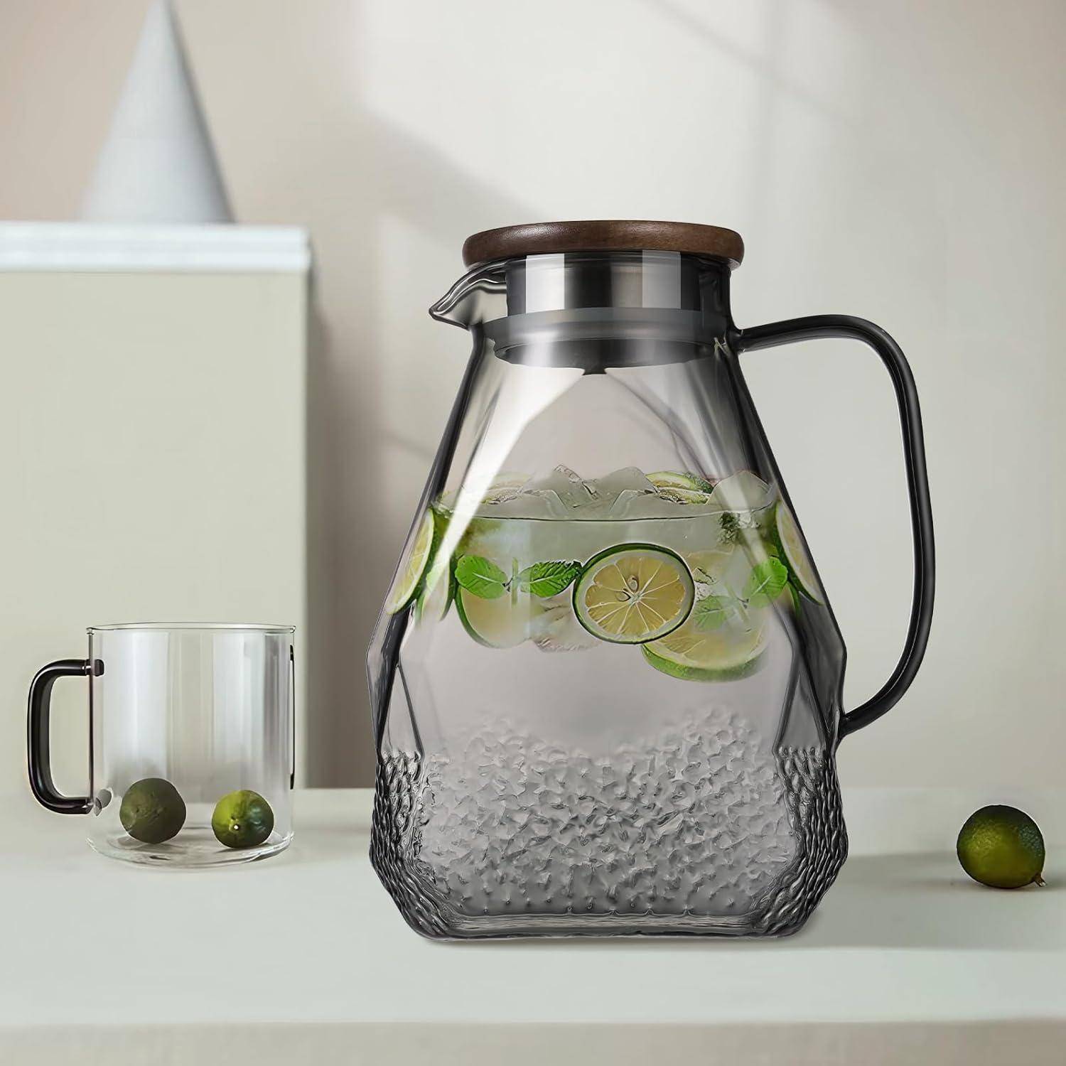 Glaskaraffe 1.8L Wasserkaraffe mit Deckel Schwarz für Kühlschrank