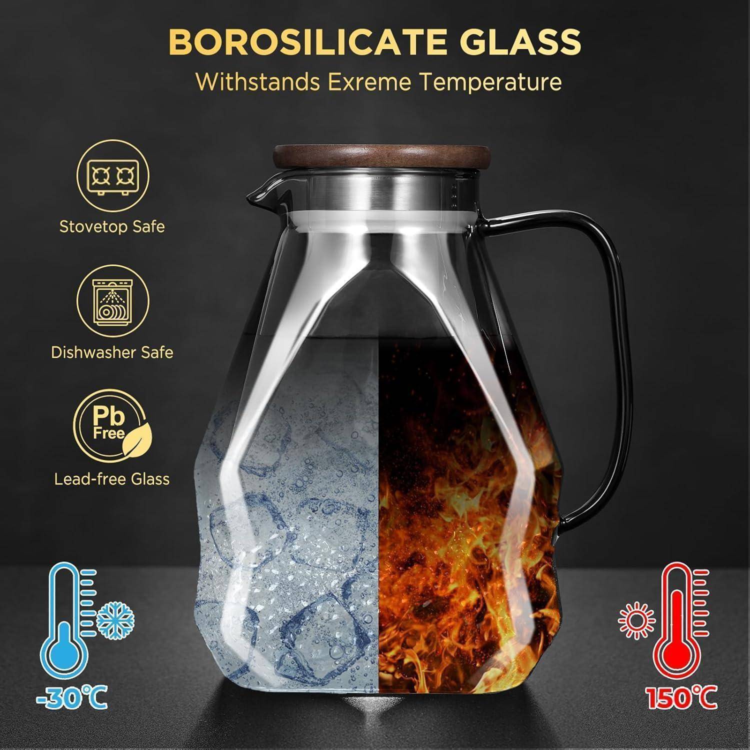 Glaskaraffe 1.8L Wasserkaraffe mit Deckel Schwarz für Kühlschrank