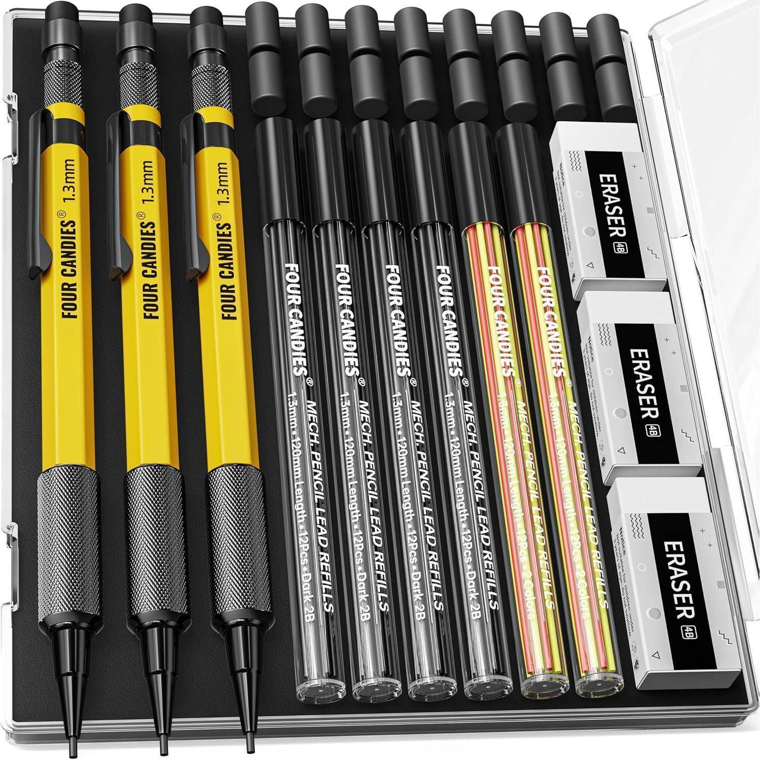 3er Set 1,3 mm Zimmermannsbleistift mit Nachfüllungen und Etui
