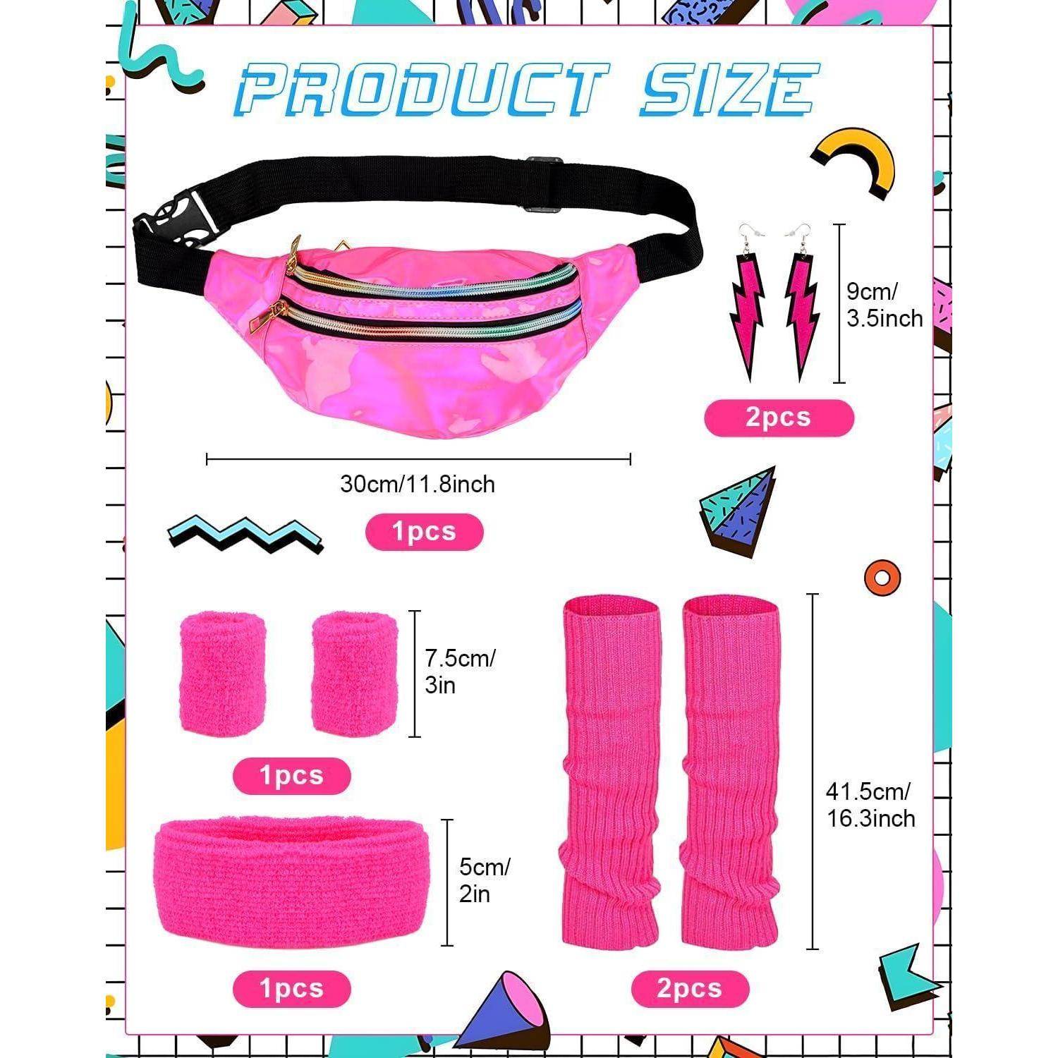Rosa Fitness-Zubehör-Set: Gürteltasche (30cm/11,8 Zoll), Blitz-Ohrringe (9cm/3,5 Zoll), Armbänder (7,5cm/3 Zoll), Stirnband (5cm/2 Zoll), Stulpen (41,5cm/16,3 Zoll).