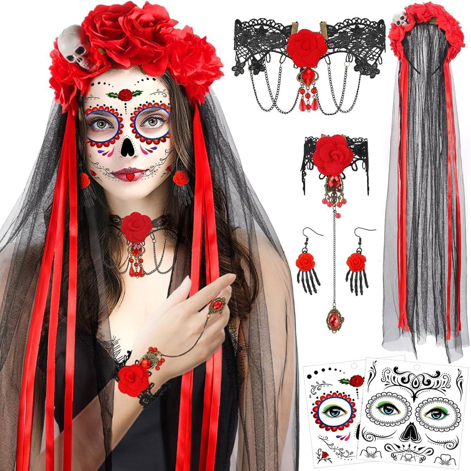 Halloween Kostüm Damen Dia De Los Muertos Haarreif Schleier Rosen
