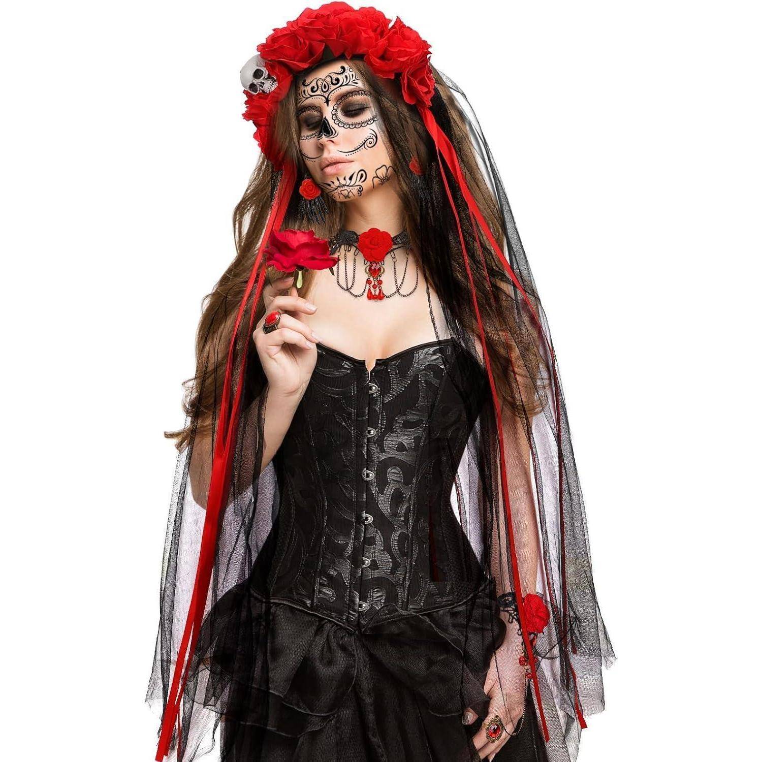 Halloween Kostüm Damen Dia De Los Muertos Haarreif Schleier Rosen