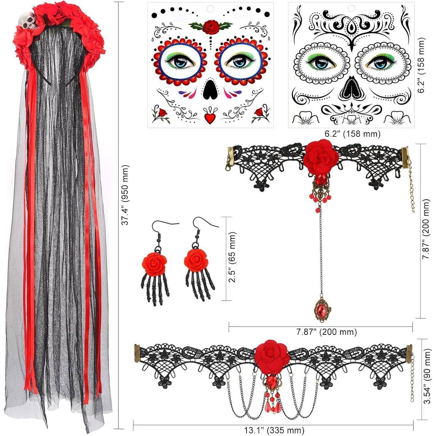Halloween Kostüm Damen Dia De Los Muertos Haarreif Schleier Rosen