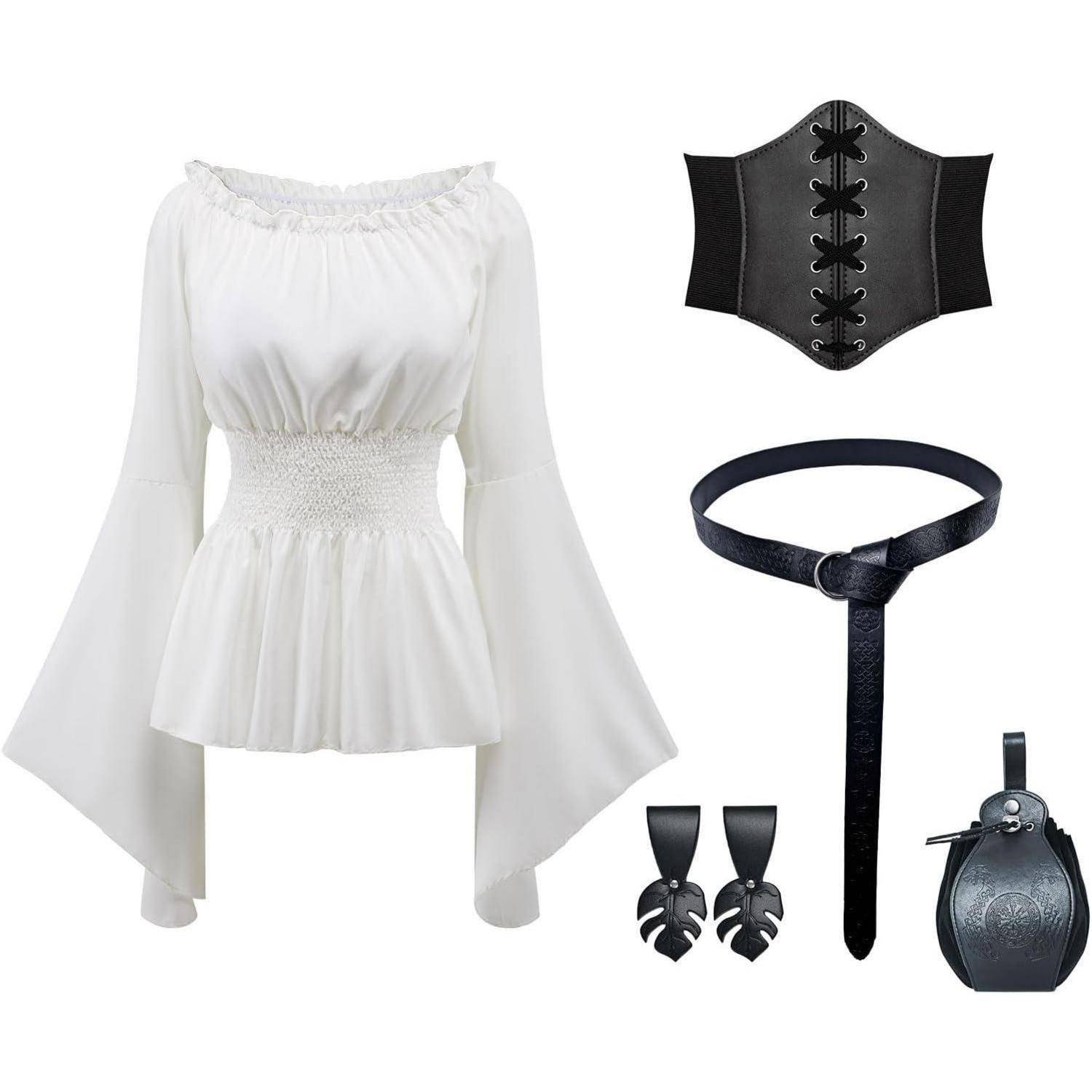 Eine weiße, langärmelige Bluse mit Glockenärmeln und geraffter Taille, kombiniert mit einem schwarzen Korsettgürtel, schwarzen Blatt-Ohrringen, einem schwarzen Gürtel und einer schwarzen Tasche.