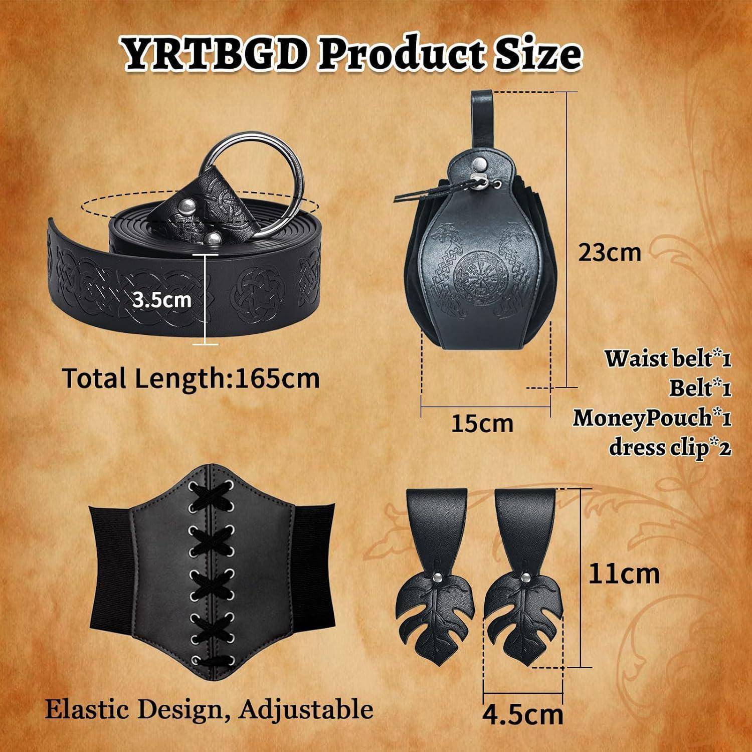 YRTBGD Produktgröße' Bild: Zeigt einen 165 cm Taillengürtel, eine 23 cm Geldbörse, ein elastisches verstellbares Korsett und Gurtzubehör.