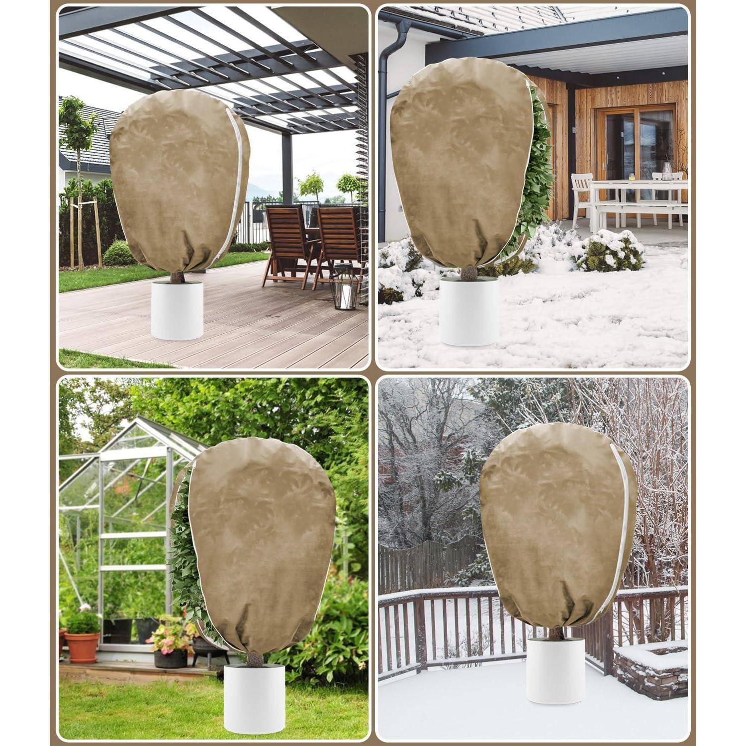 Outdoor-Terrassenheizung mit brauner Abdeckung, dargestellt in vier jahreszeitlichen Einstellungen: eine sonnige Terrasse, Winterschnee, Gewächshaus und verschneite Veranda.