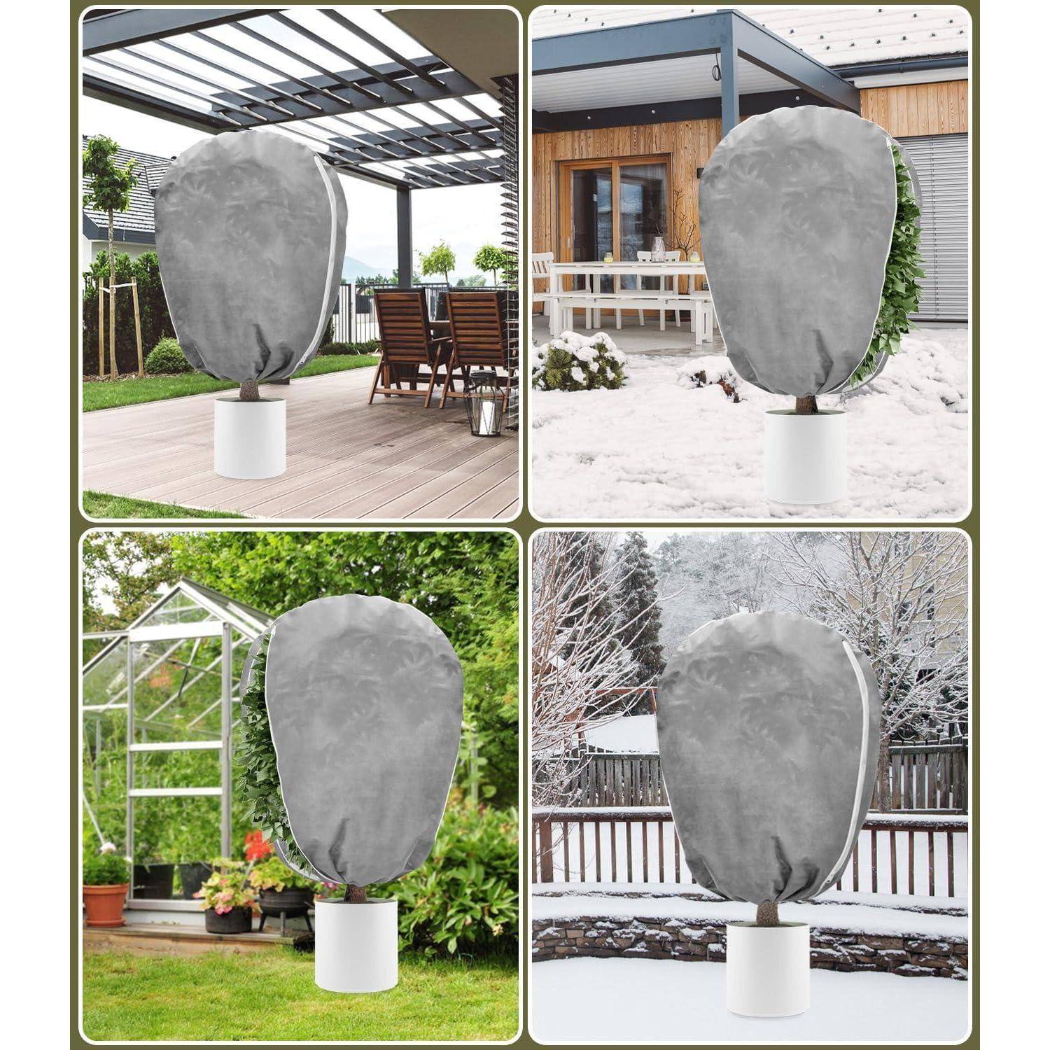 Vier Bilder, die eine Schutzhülle über einer Topfpflanze in verschiedenen Umgebungen zeigen: Patio mit Stühlen, Hausaußenseite, Gewächshaus und verschneiter Garten.