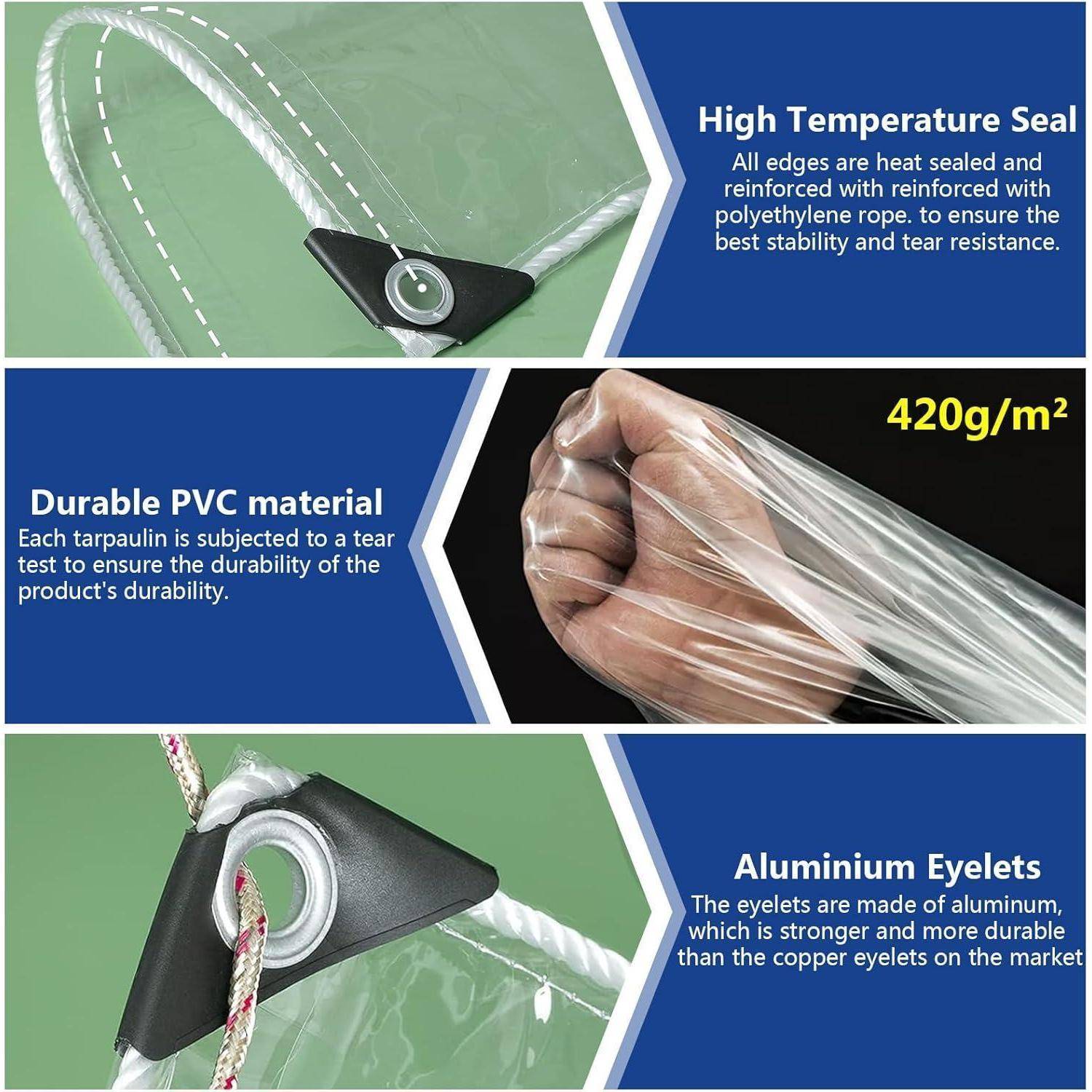 Hochtemperaturdichtung': Randseitig mit Polyethylen-Seil hitzeversiegelt für Langlebigkeit. 'Strapazierfähiges PVC-Material': Widersteht Rissen für zusätzliche Festigkeit. 'Aluminium-Ösen': Stärker als Kupfer und garantieren Langlebigkeit.