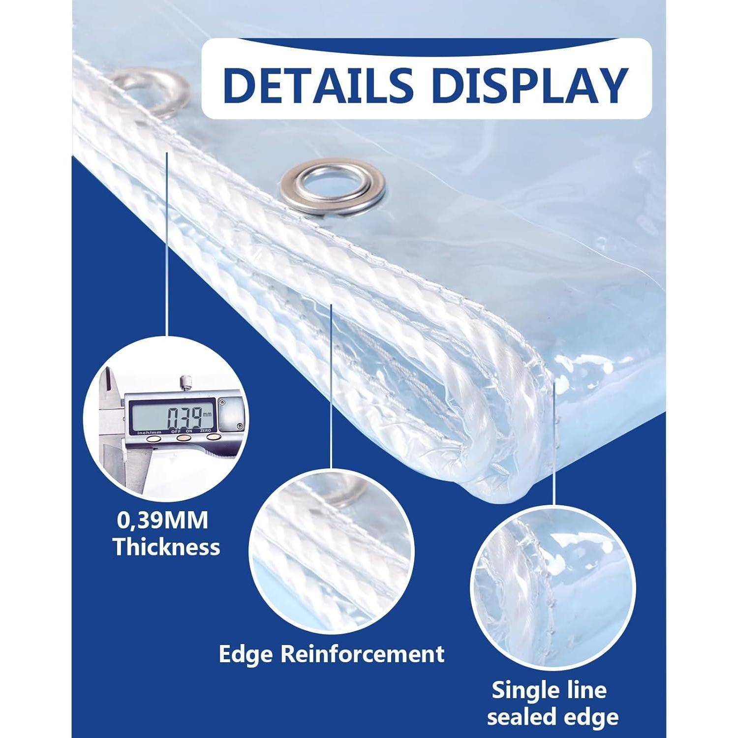 Details Display': Transparente Plane mit Metallösen, 0,39 mm Stärke, Randverstärkung, einseitig versäumte Kante.