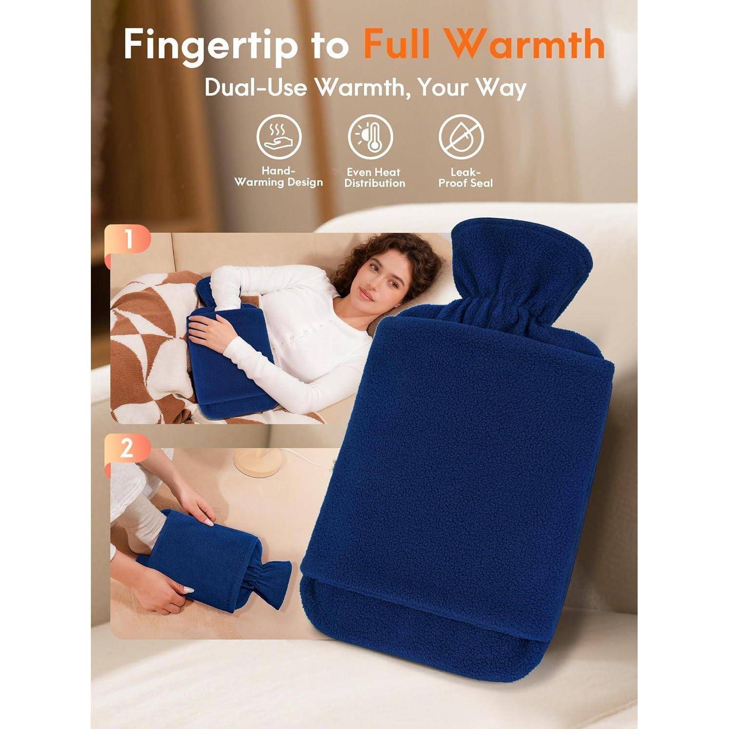 Eine Frau, die eine blaue Wärmflasche auf ihrem Unterleib verwendet. Text: 'Mit einem Fingertipp zu voller Wärme', 'Doppelte Wärmenutzung, wie Sie sie möchten', 'Handwärmendes Design', 'Gleichmäßige Wärmeverteilung', 'Auslaufsichere Versiegelung'.