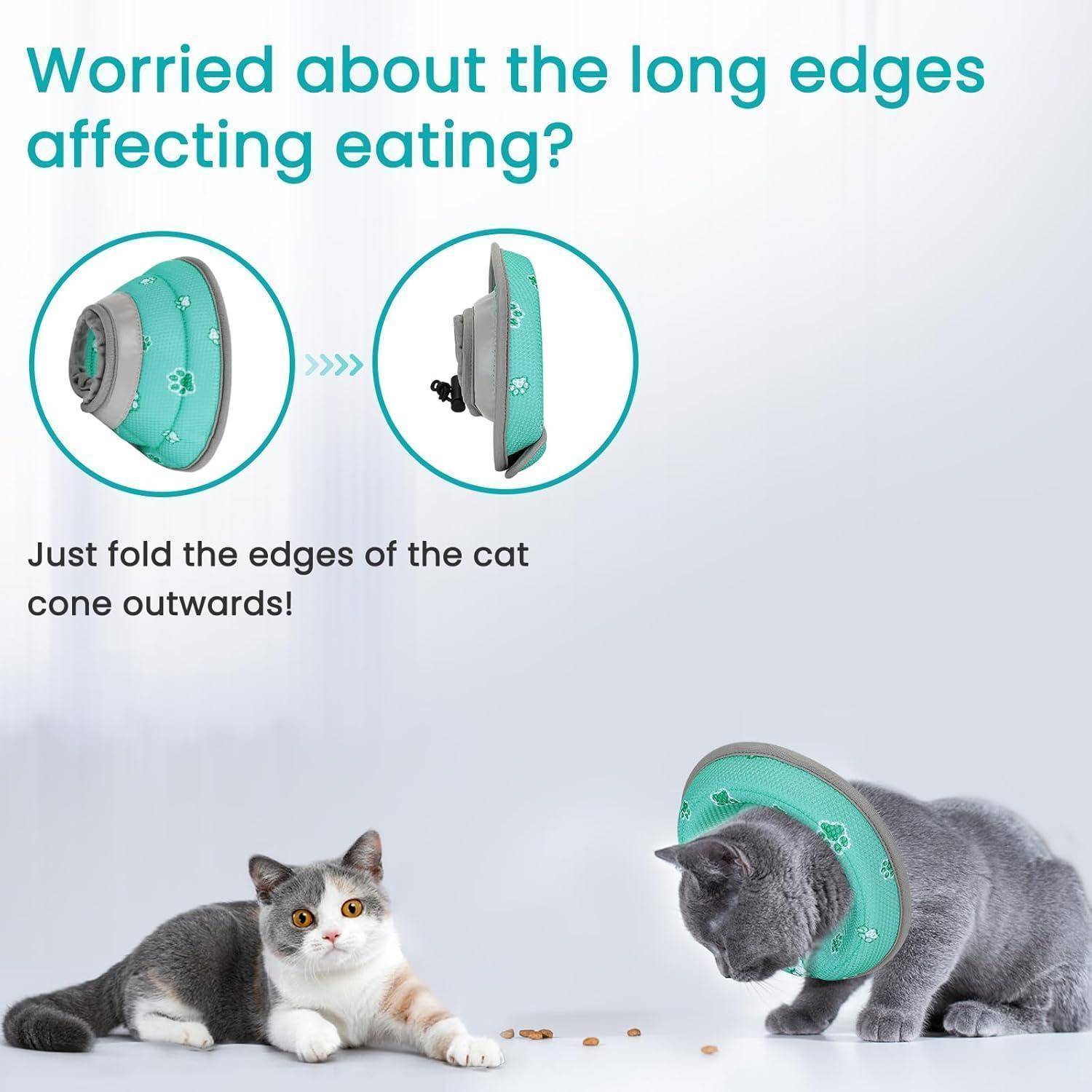 Eine graue Katze mit einem verstellbaren türkisfarbenen Schutzkragen frisst Trockenfutter. Text lautet: „Sorgen Sie sich, dass die langen Kanten das Essen beeinträchtigen?