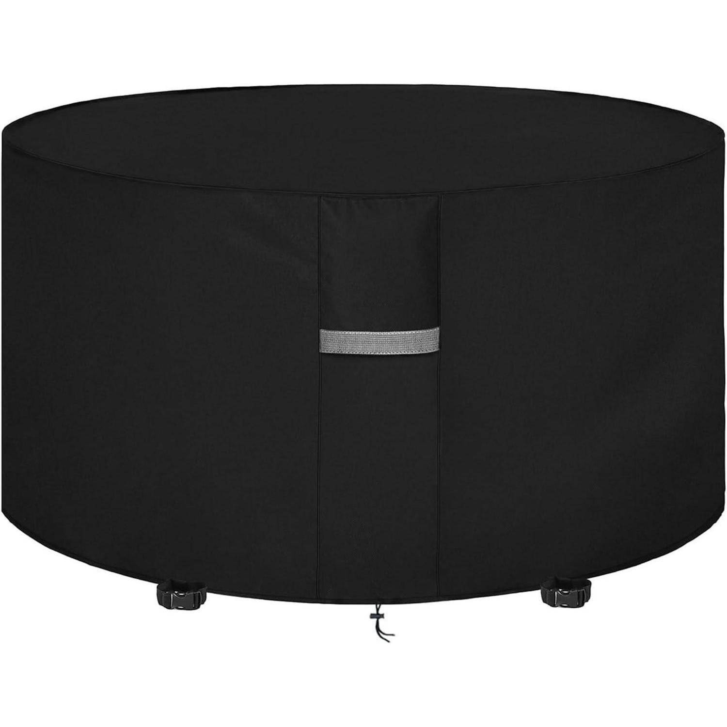 Runde schwarze Outdoor-Möbelabdeckung mit reflektierendem Streifen, entwickelt zum Schutz von Tisch und Stühlen vor Witterungseinflüssen.